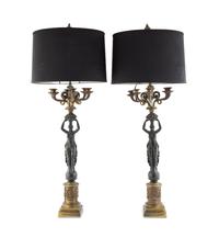 A Pair of Empire Style Parcel Gilt and Patinated Metal Six-Light Candelabra