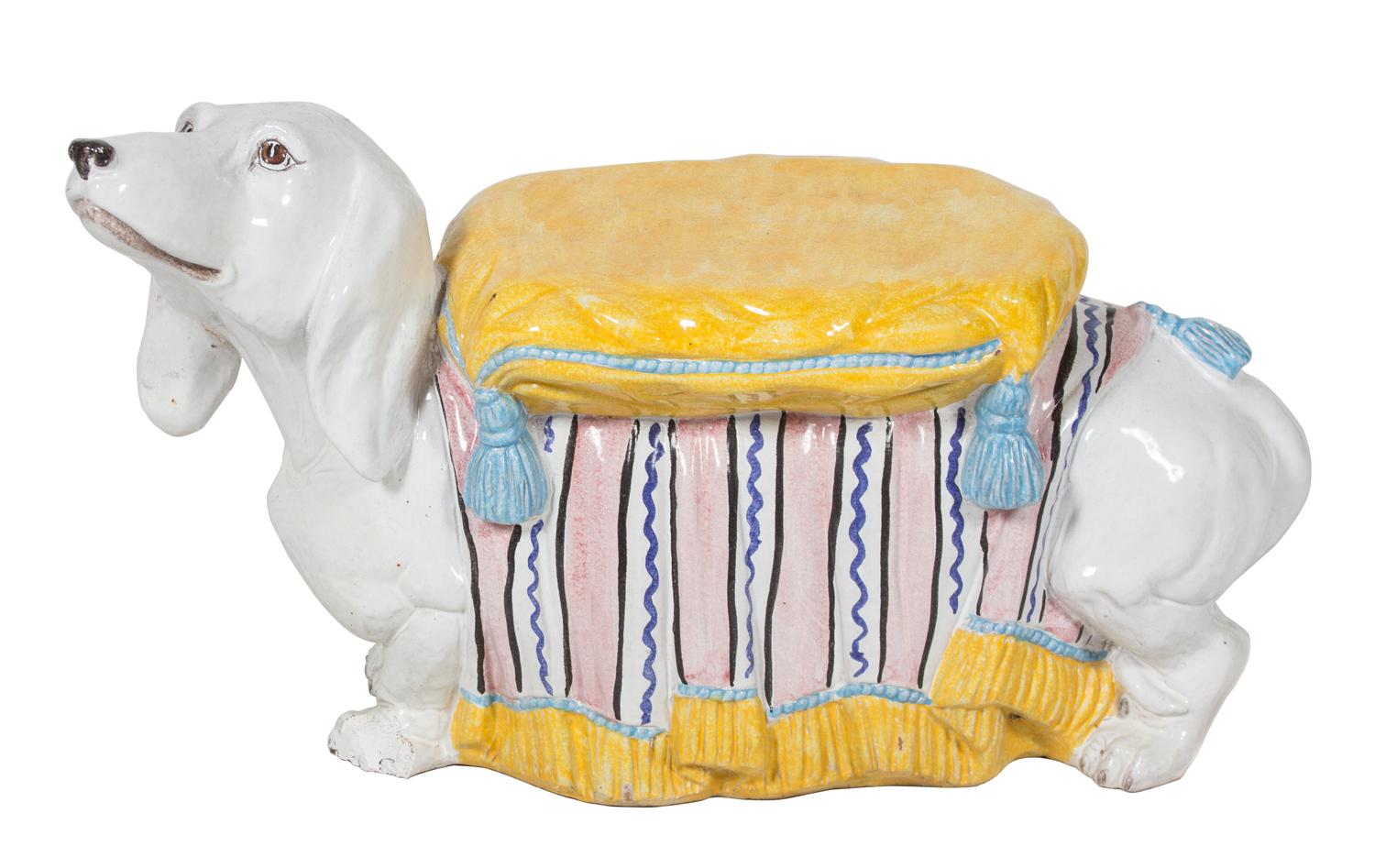 An Italian Glazed Ceramic Figure of a Dachsund with Yellow Pillow Height 12 x width 20 inches. — 20TH CENTURY