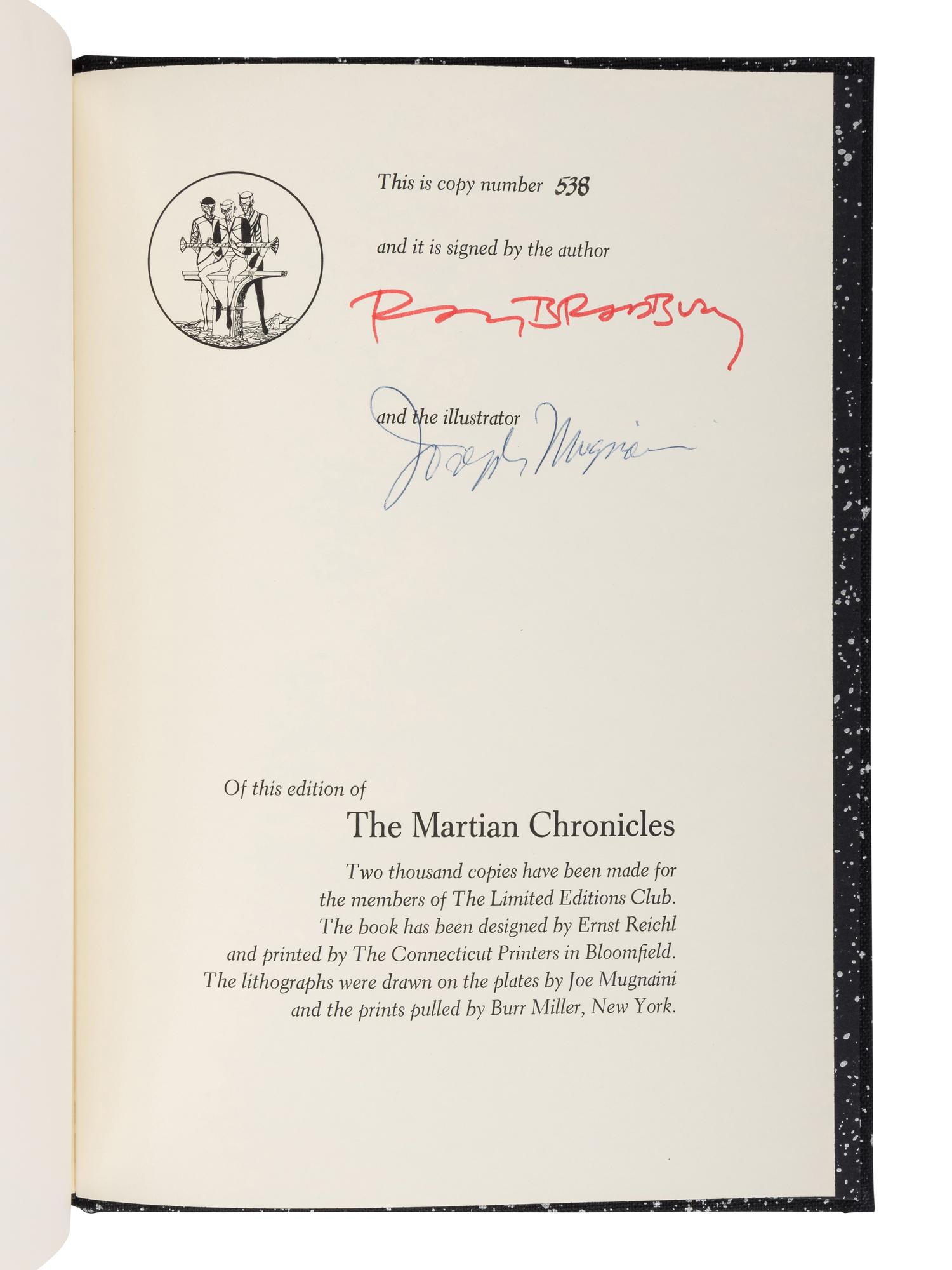 [LIMITED EDITIONS CLUB]. BRADBURY, Ray (1920–2012). The Martian Chronicles . Joe MUGNAINI (1912-1992), illustrator. Avon, CT: The Limited Editions Club, 1974.