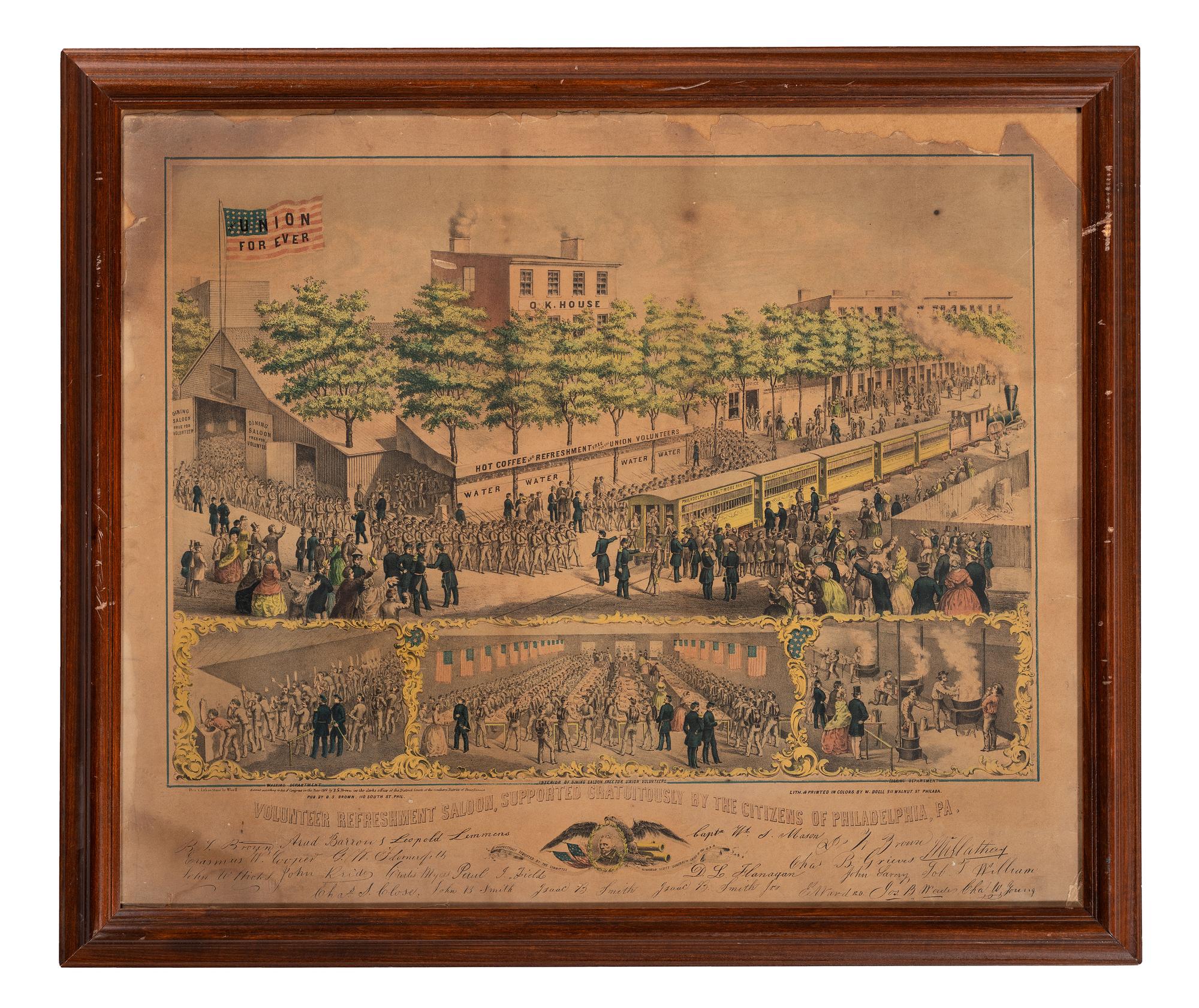 [CIVIL WAR]. BOELL, W., lithographer. B.S. BROWN, publisher. Volunteer Refreshment Saloon, Supported Gratuitously by the Citizens of Philadelphia.