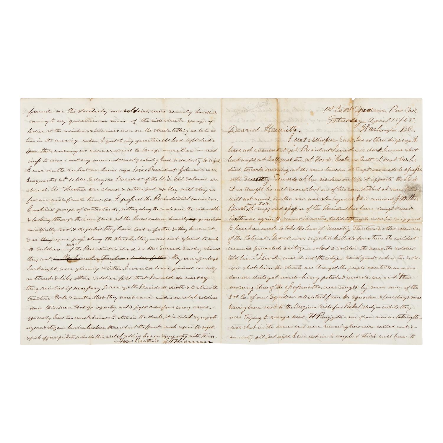 [LINCOLN ASSASSINATION]. THOMAN, John Adam (1838-1906). Autograph letter signed ("J. Thoman") to Henrietta Thoman, Washington, D.C., 15 April 1865.