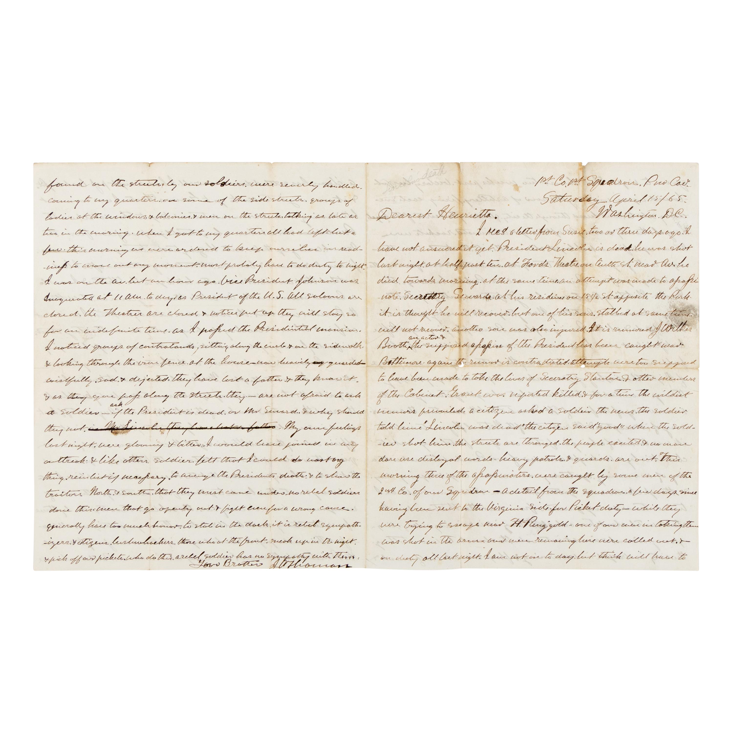 [LINCOLN ASSASSINATION]. THOMAN, John Adam (1838-1906). Autograph letter signed ("J. Thoman") to Henrietta Thoman, Washington, D.C., 15 April 1865.