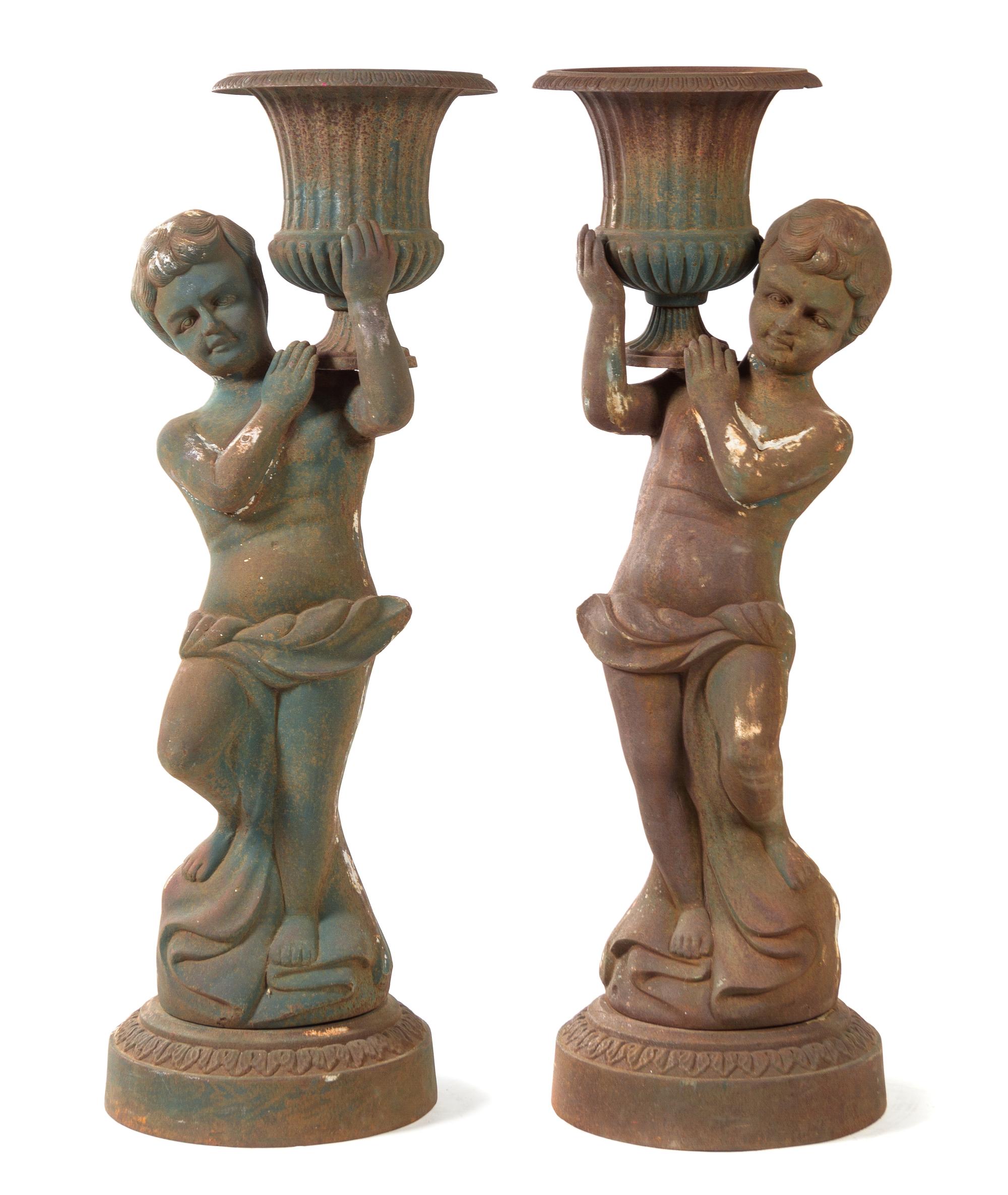 A Pair of Victorian Style Cast Iron Figural Jardinieres Height 52 inches. — 19TH/20TH CENTURY