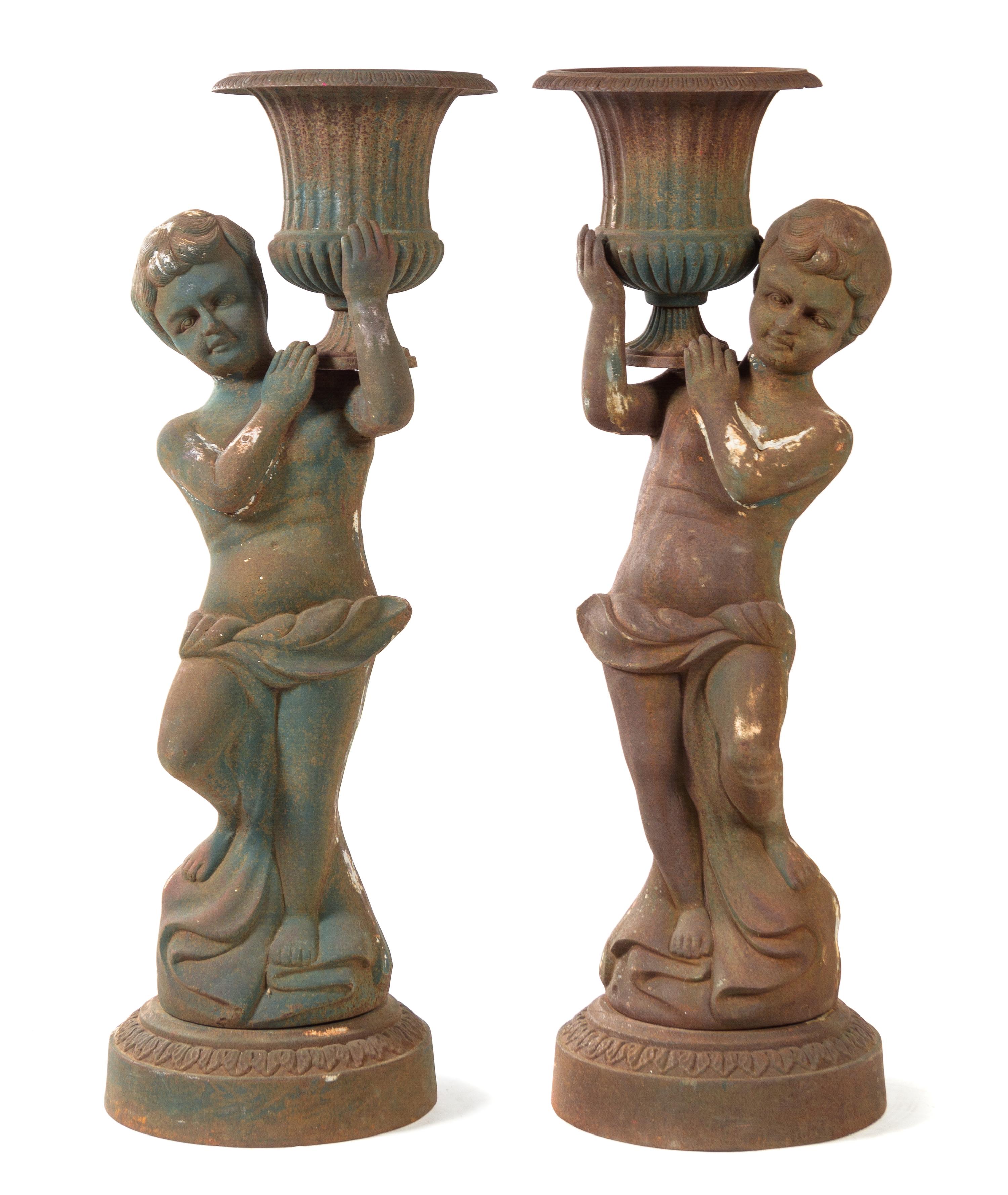 A Pair of Victorian Style Cast Iron Figural Jardinieres Height 52 inches. — 19TH/20TH CENTURY