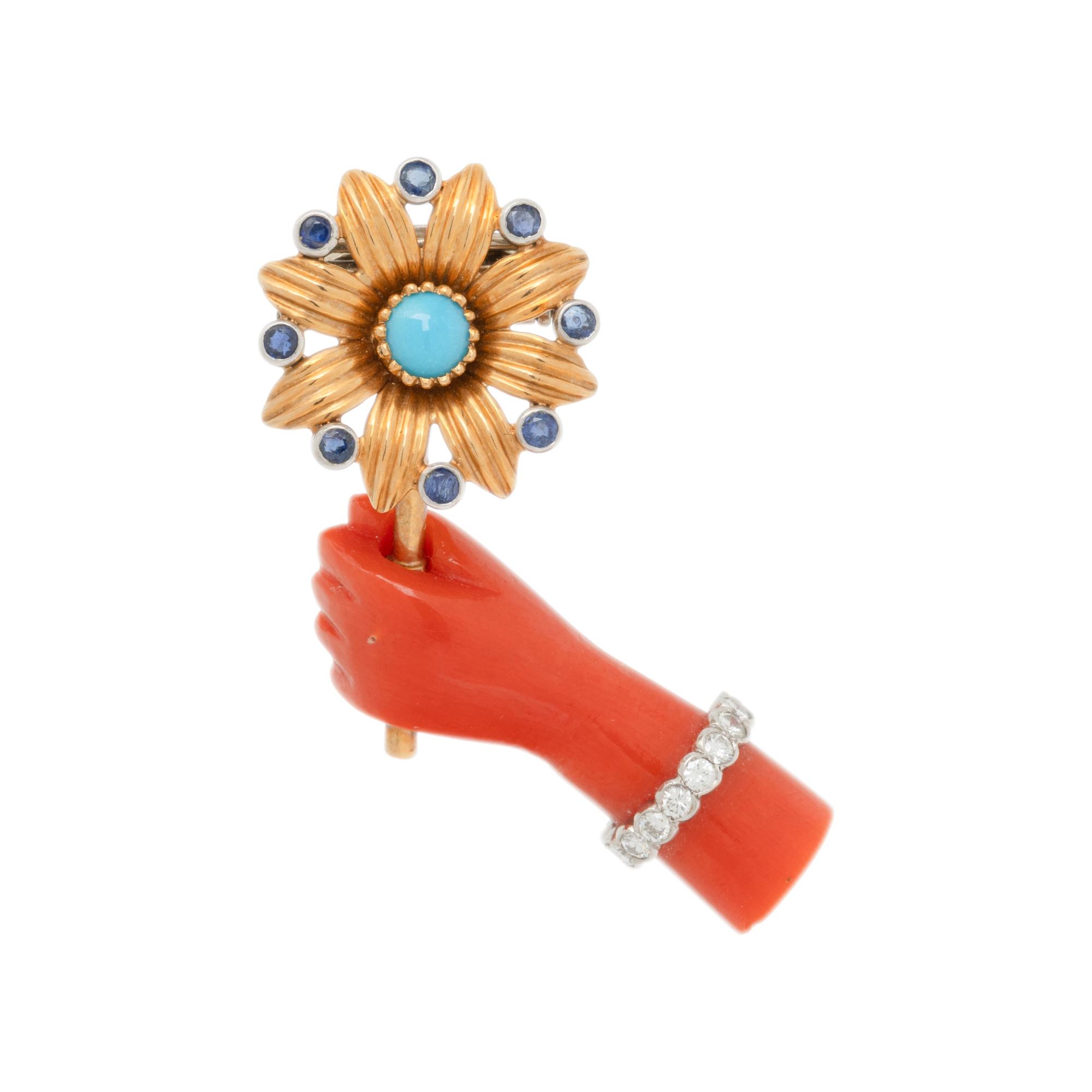 CARTIER, CORAL, DIAMOND, SAPPHIRE, AND TURQUOISE BROOCH
