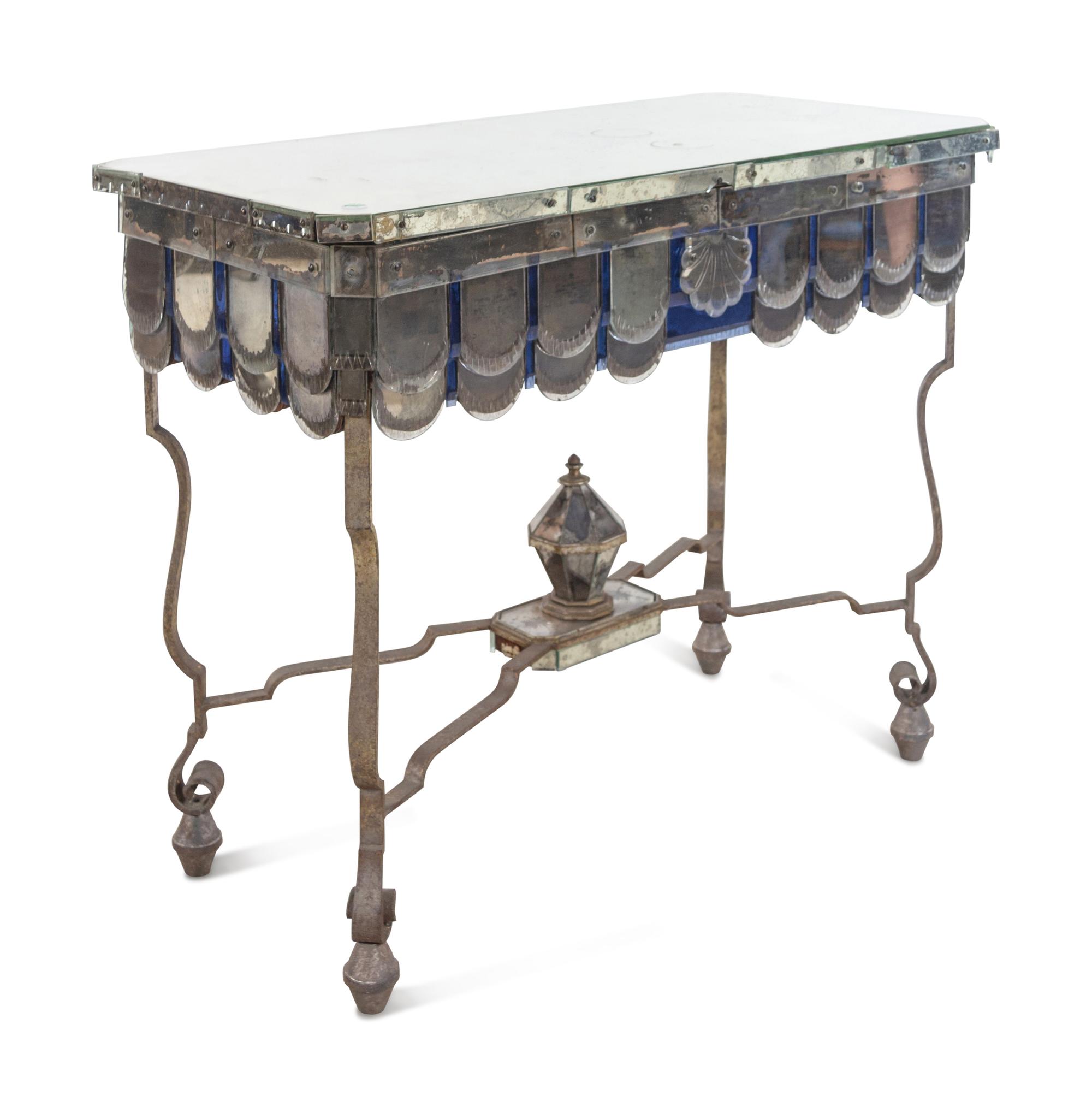 A Pair of French Steel and Mirrored Console Tables