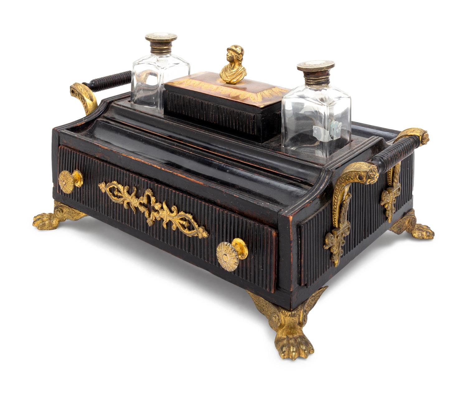 An Empire Style Gilt Bronze Mounted Ebonized Standish