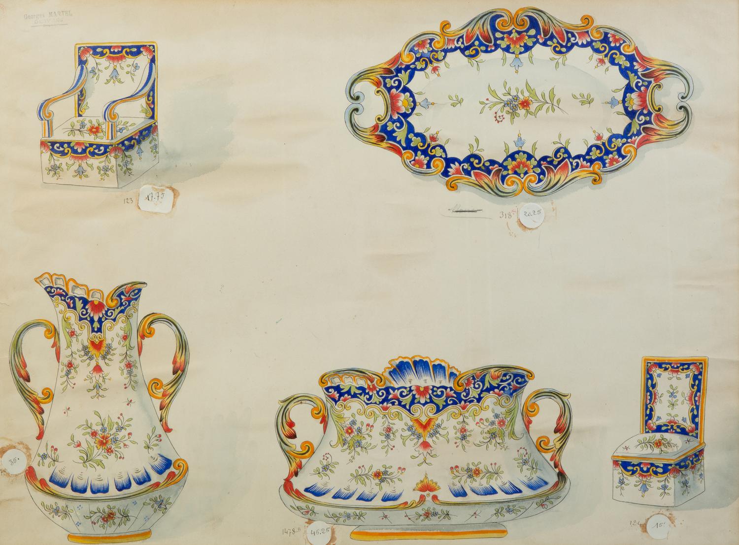 A Pair of Framed Works on Paper Depicting French Porcelain Examples — 19TH CENTURY