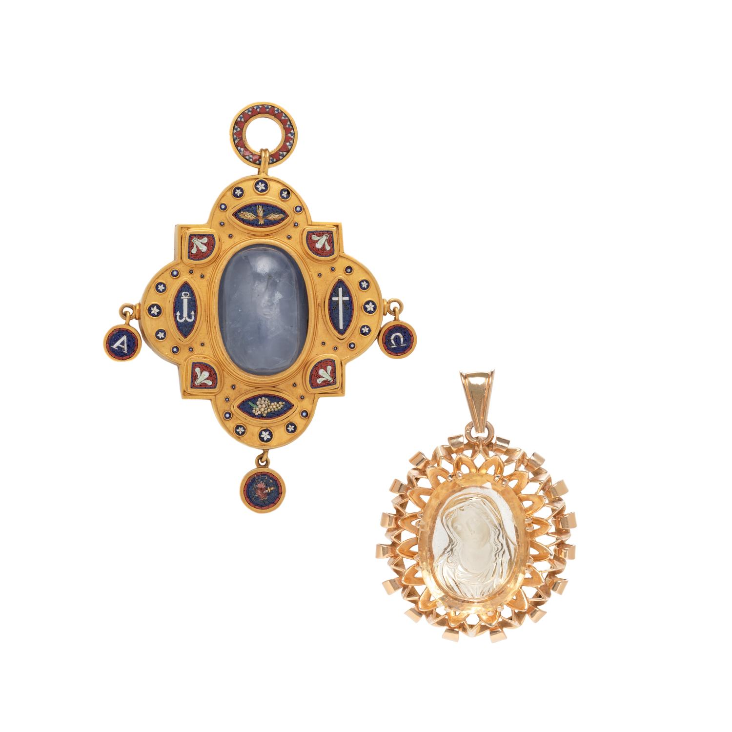 ANTIQUE, SAPPHIRE AND MICROMOSAIC PENDANT
