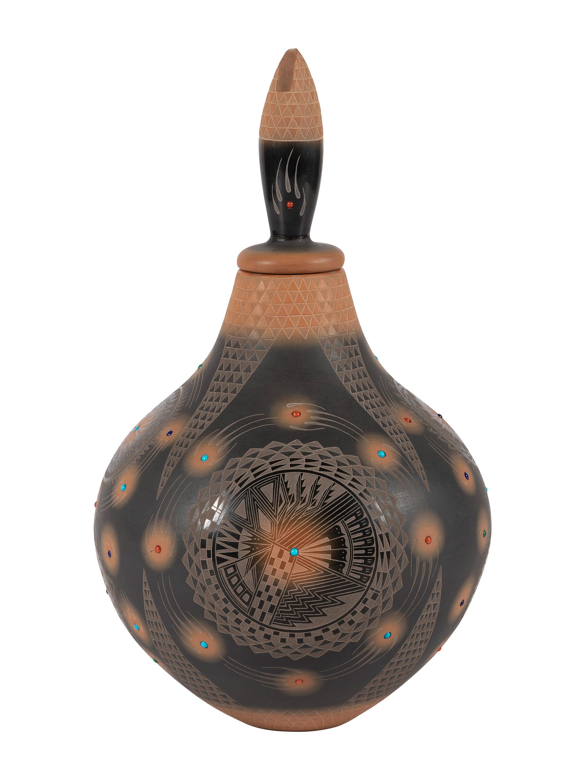 Black and Sienna Jar, with Turquoise, Coral, and Lapis Beads