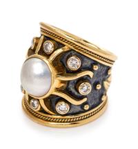 An 18 Karat Yellow Gold, Enamel, Cultured Mabe Pearl and Diamond Ring, Elizabeth Gage,