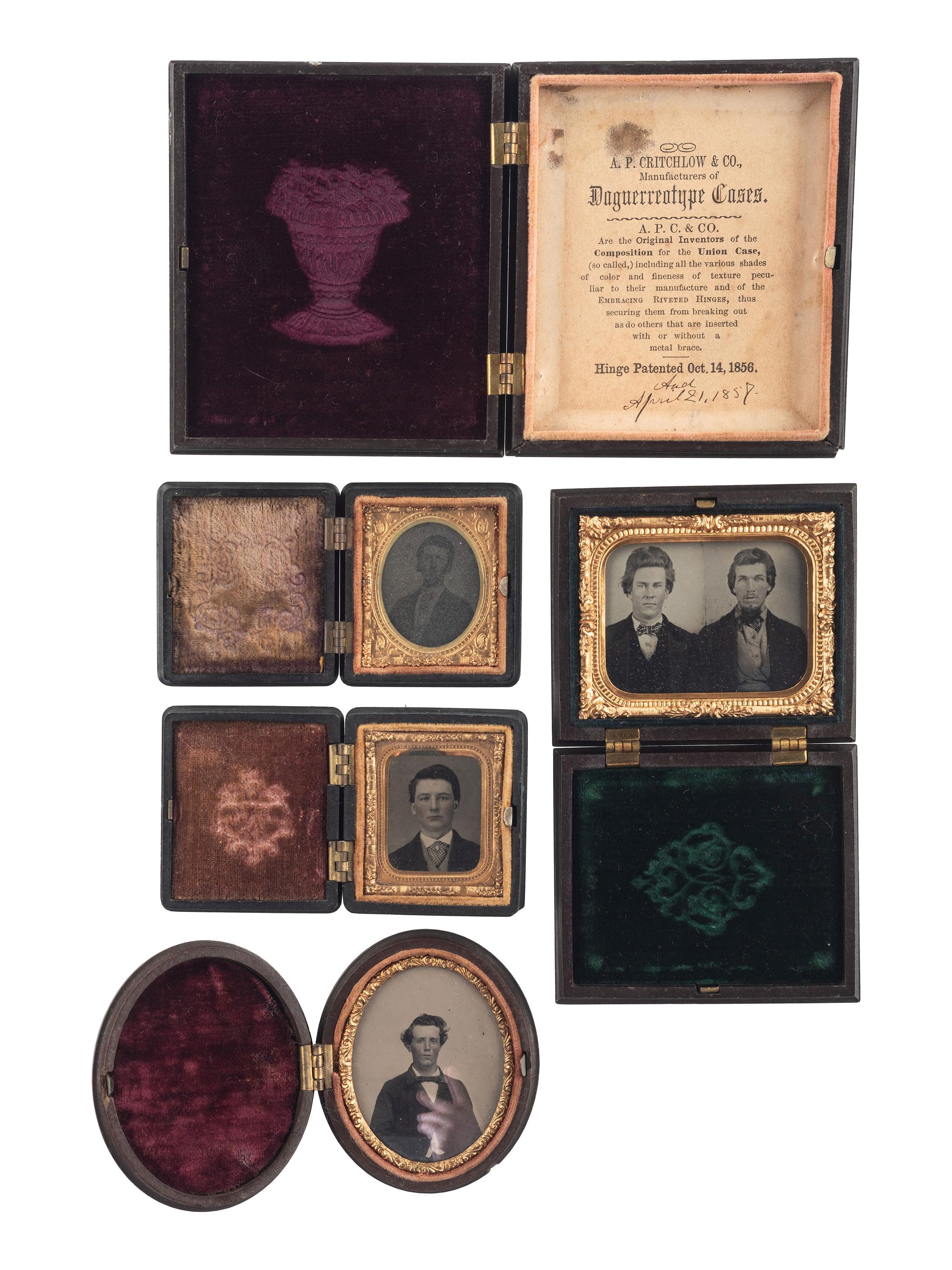 [EARLY PHOTOGRAPHY - CASES & FRAMES]. A group of 20 assorted union cases, most containing images, including: