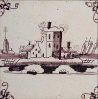 A Set of Five Framed Puce Delft Tiles