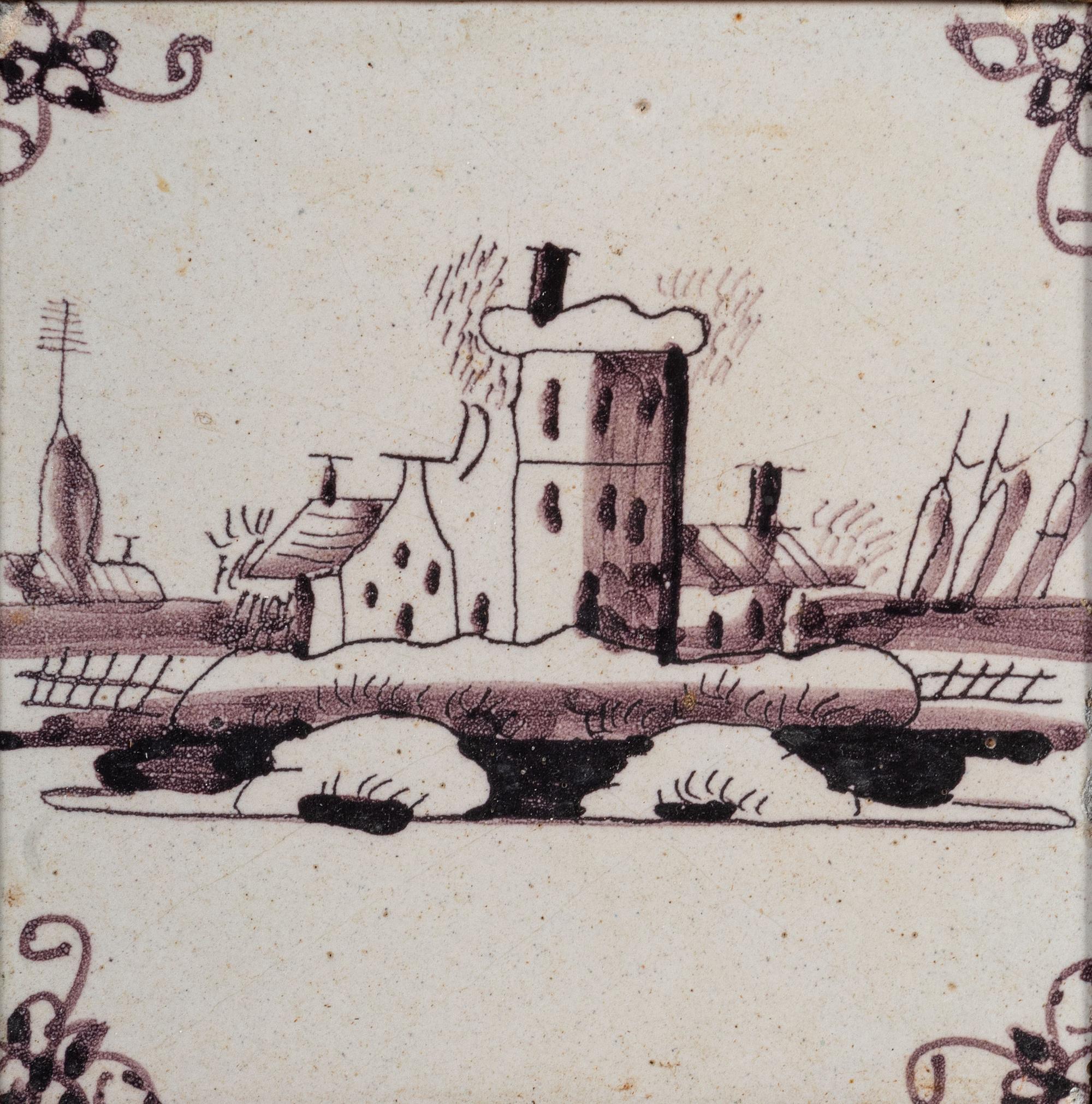 A Set of Five Framed Puce Delft Tiles
