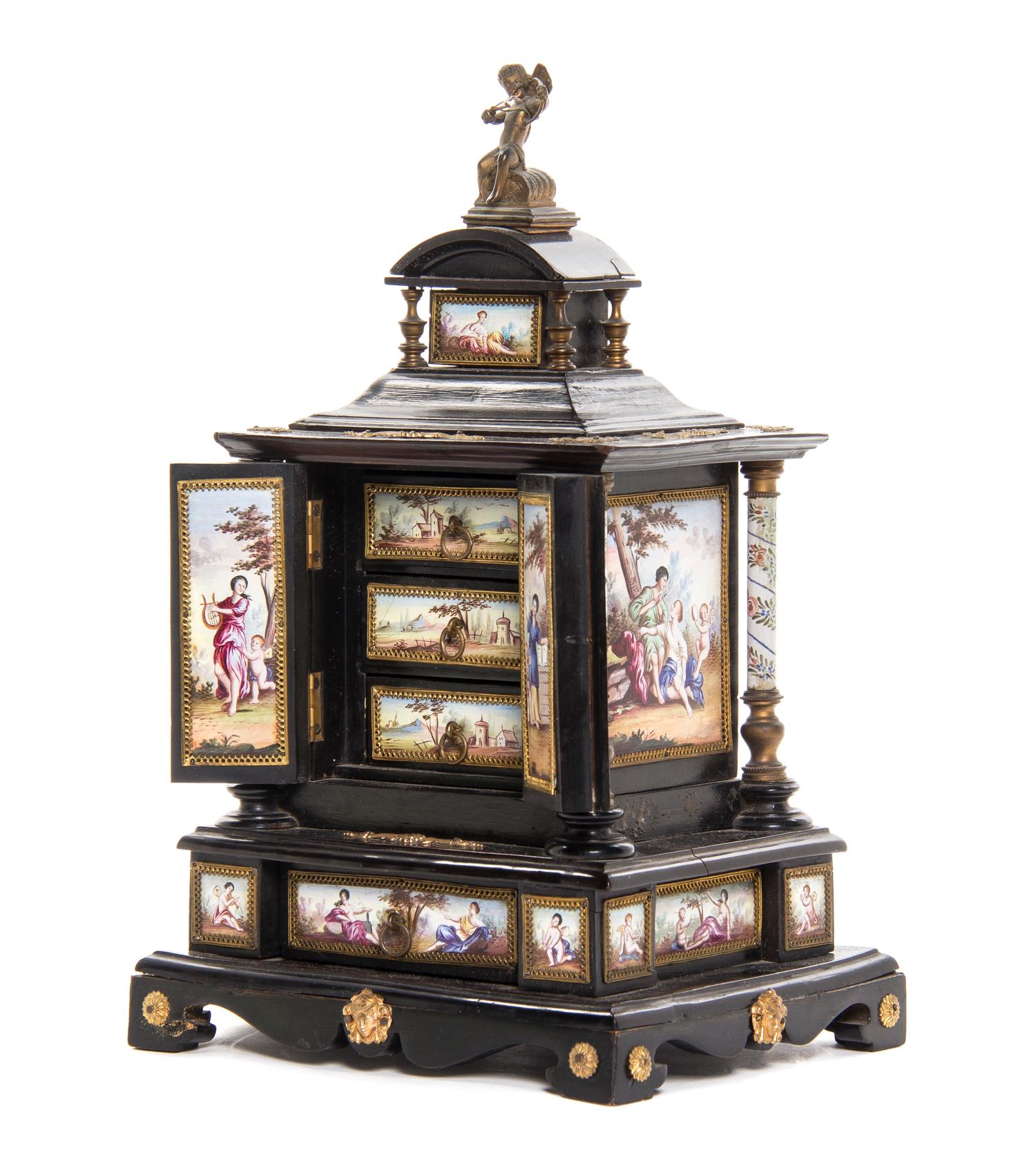A Viennese Enameled Jewelry Casket, Height 10 1/2 inches.