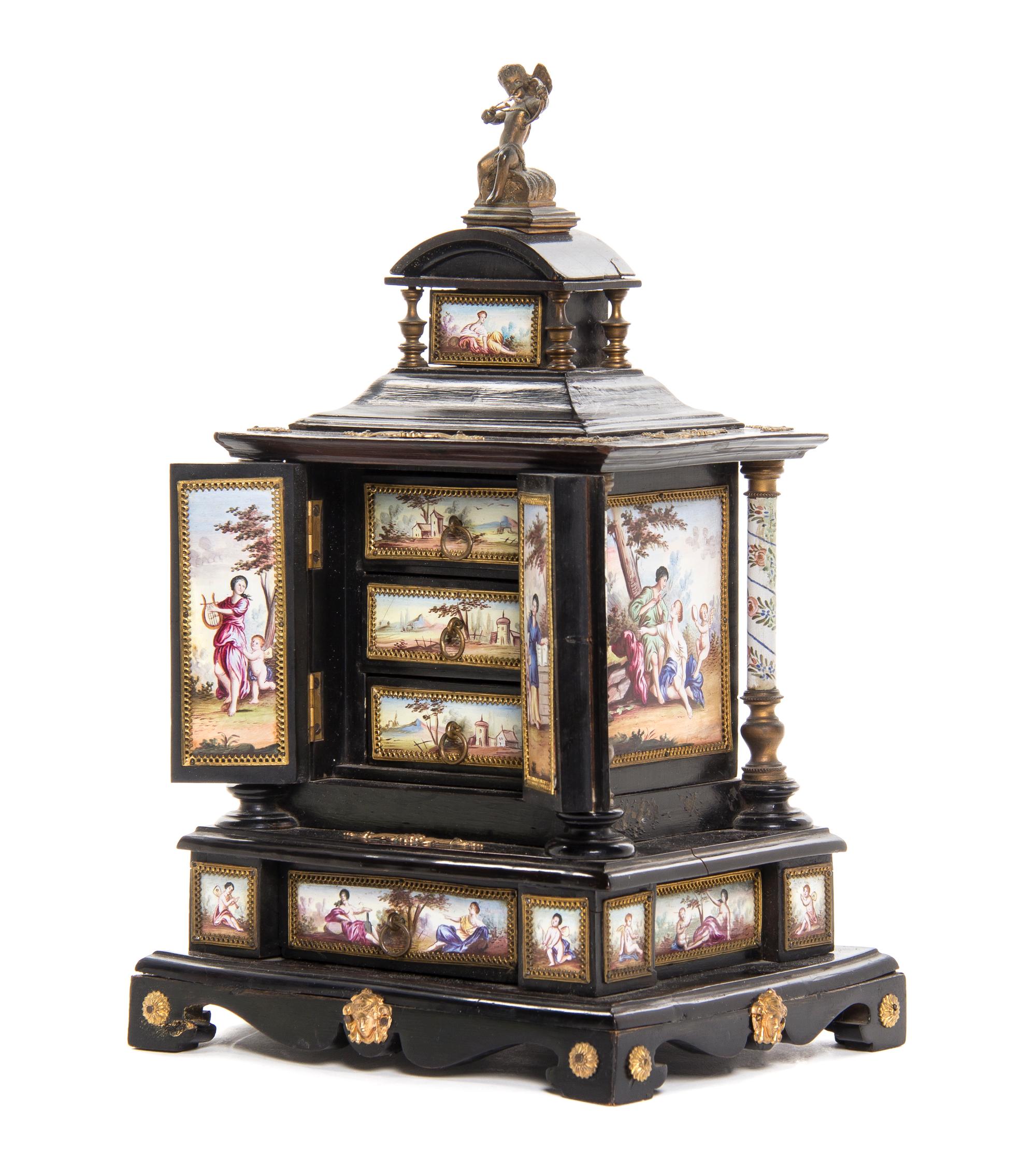 A Viennese Enameled Jewelry Casket, Height 10 1/2 inches.