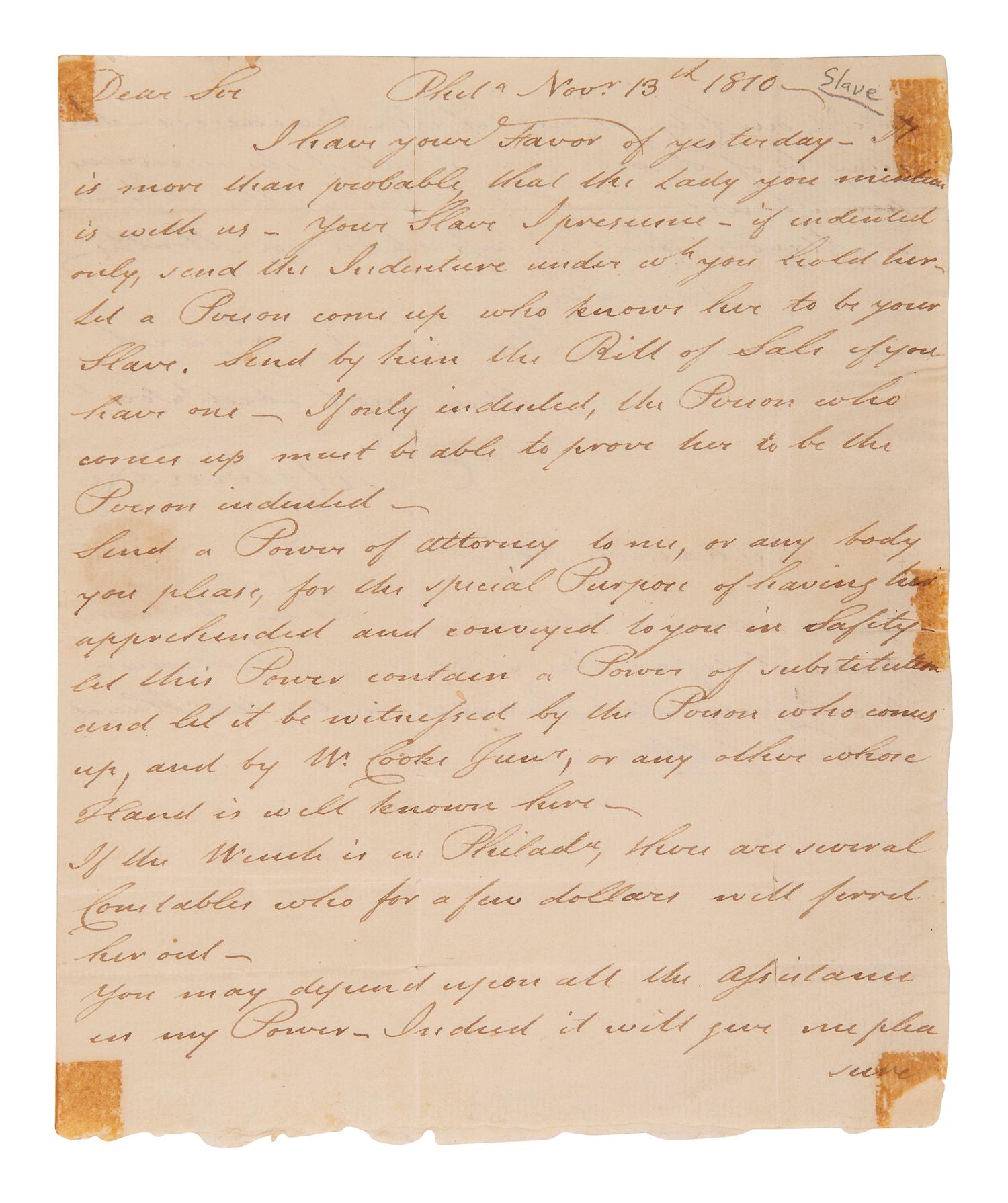 [ENSLAVEMENT]. Letter from Philadelphia regarding the return of a possible runaway slave. 1810.