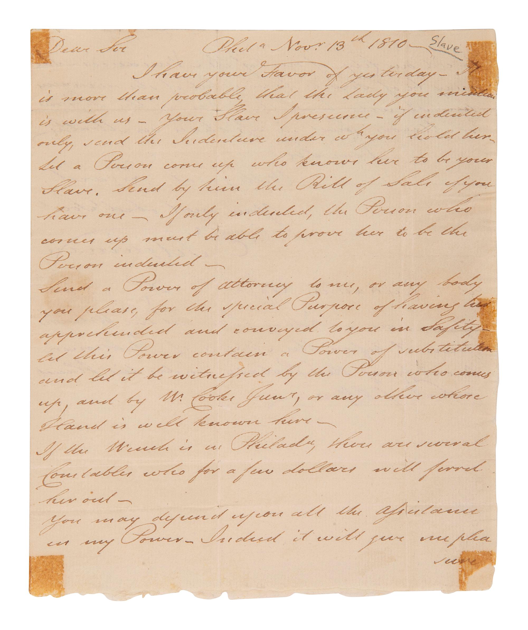 [ENSLAVEMENT]. Letter from Philadelphia regarding the return of a possible runaway slave. 1810.