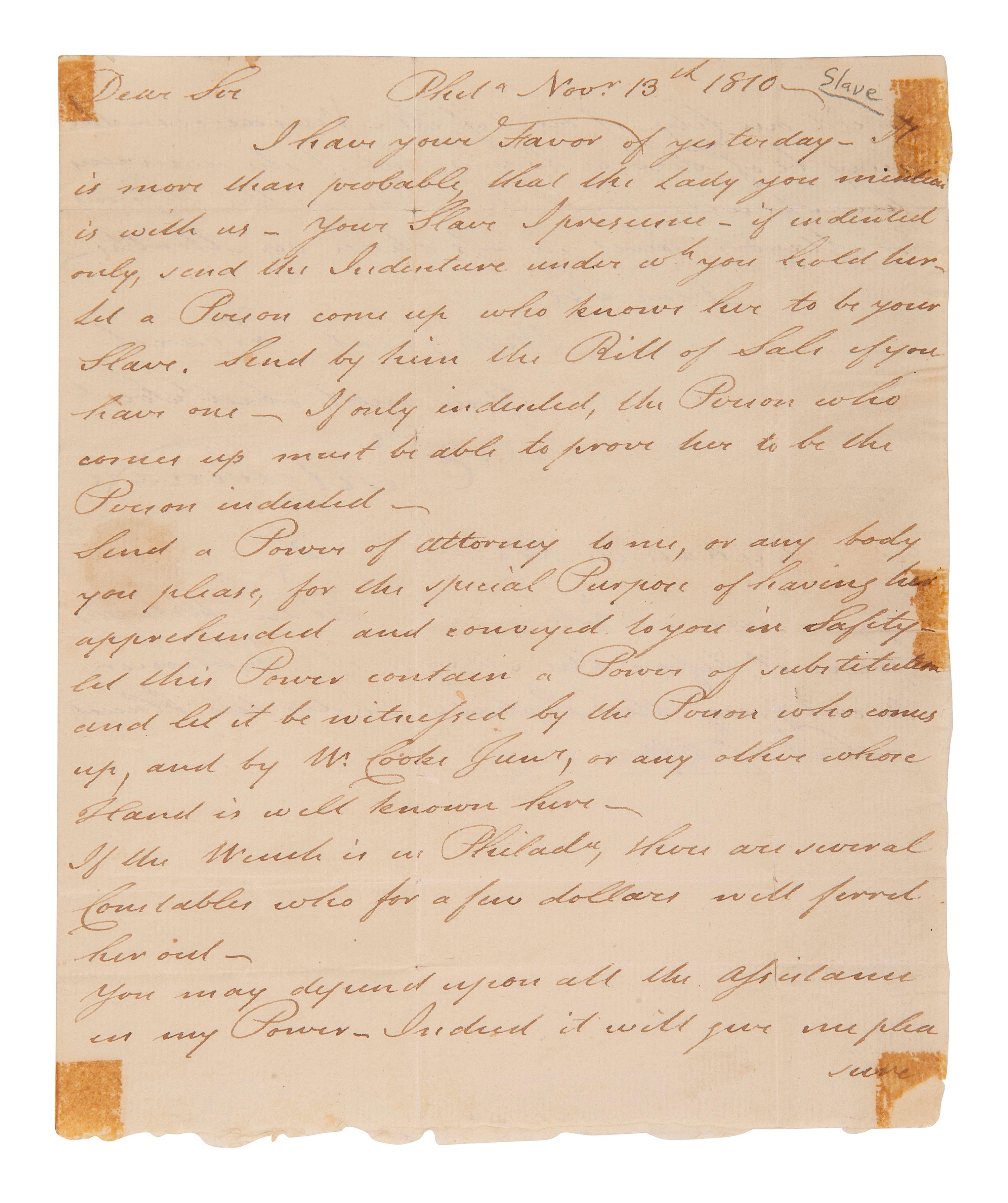 [ENSLAVEMENT]. Letter from Philadelphia regarding the return of a possible runaway slave. 1810.