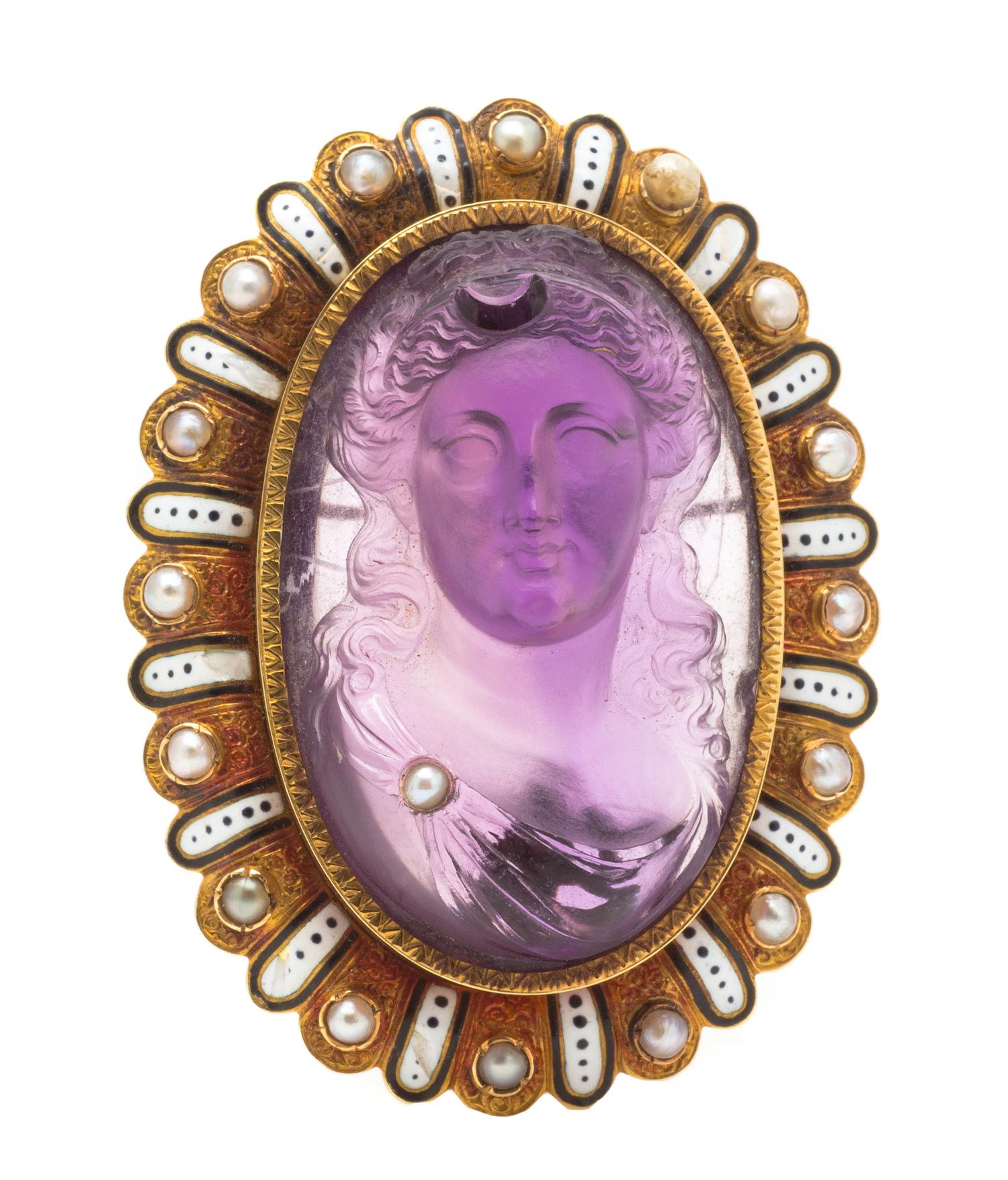 A Victorian Yellow Gold, Amethyst Cameo, Seed Pearl and Polychrome Enamel Brooch, 27.60 dwts.
