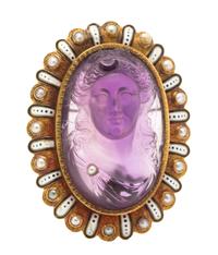 A Victorian Yellow Gold, Amethyst Cameo, Seed Pearl and Polychrome Enamel Brooch, 27.60 dwts.