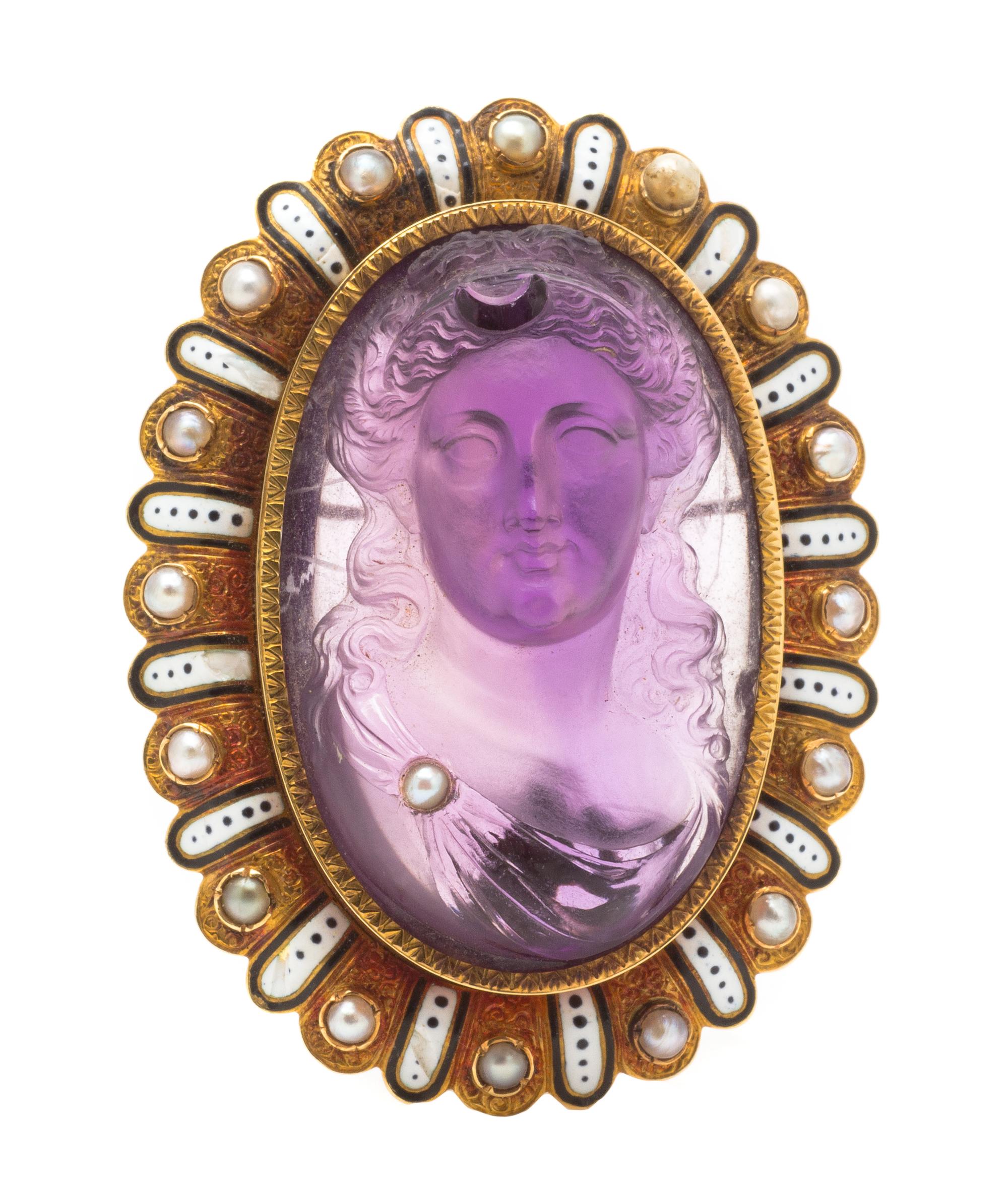 A Victorian Yellow Gold, Amethyst Cameo, Seed Pearl and Polychrome Enamel Brooch, 27.60 dwts.