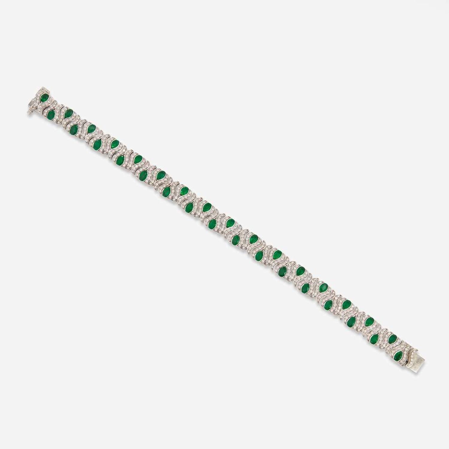A 14K White Gold, Emerald, and Diamond Bracelet