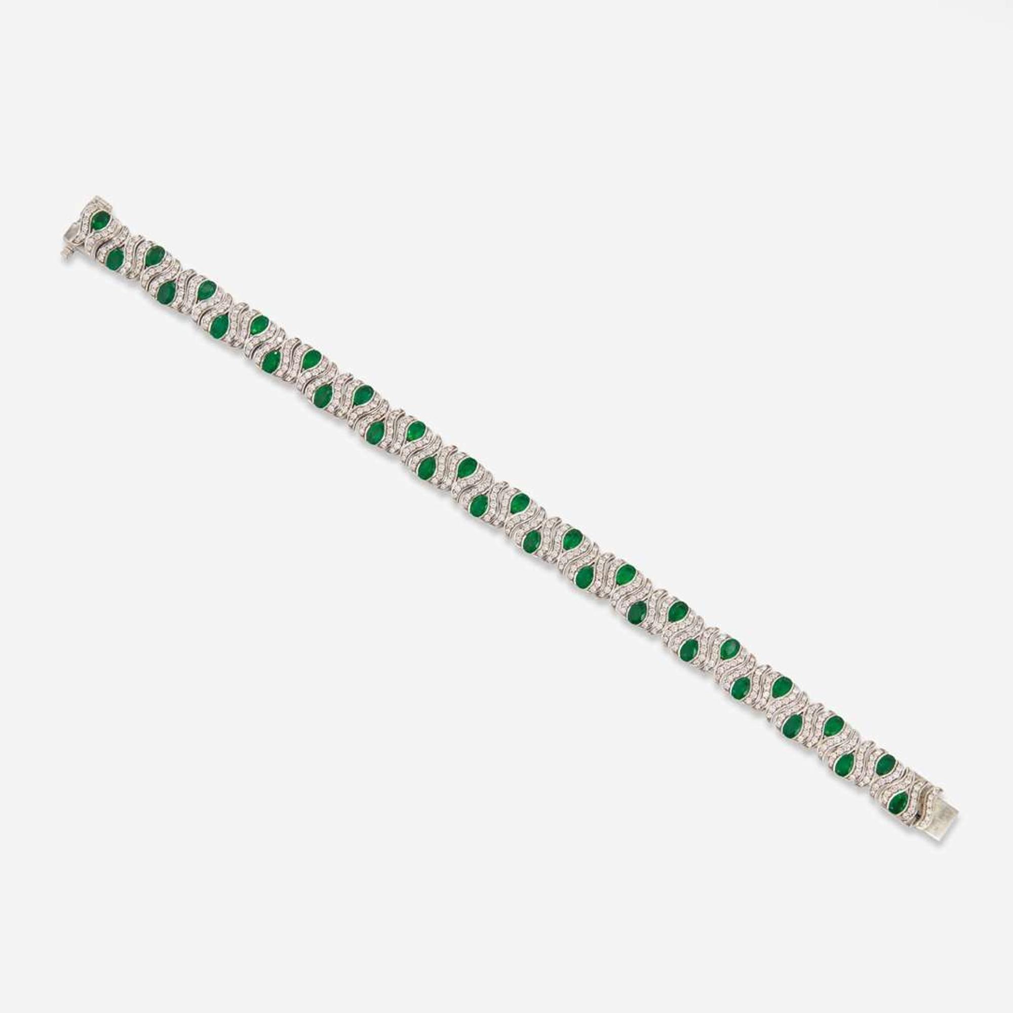 A 14K White Gold, Emerald, and Diamond Bracelet