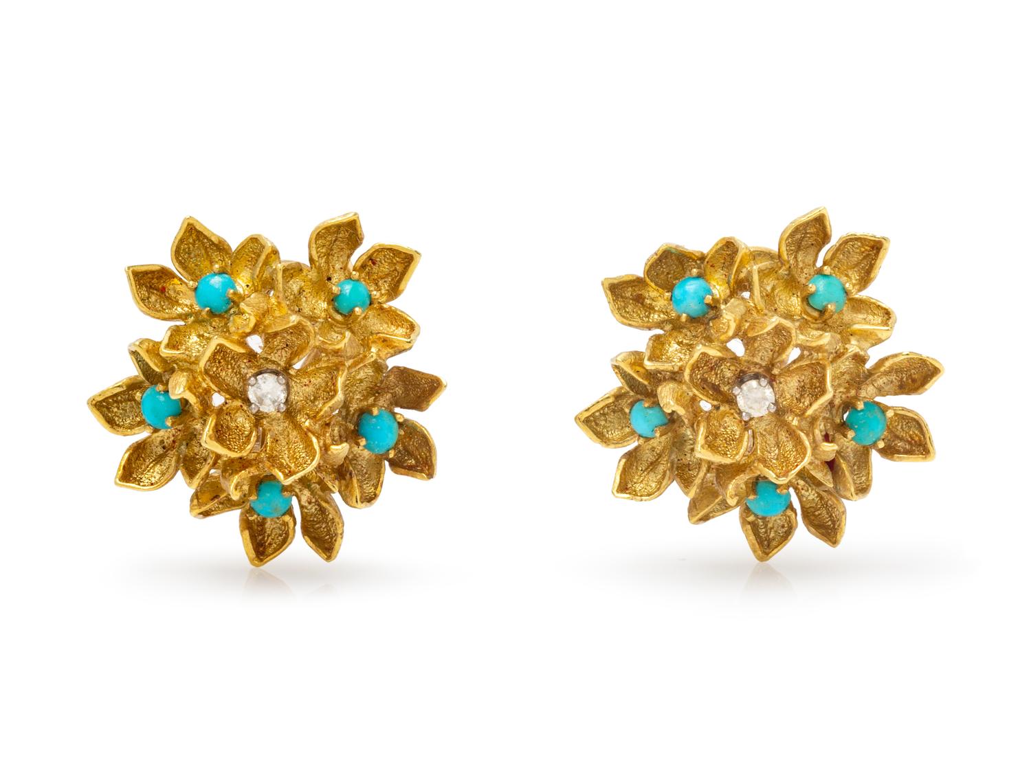A Pair of Yellow Gold, Diamond and Turquoise Flower Earclips,