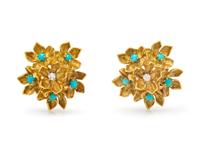 A Pair of Yellow Gold, Diamond and Turquoise Flower Earclips,