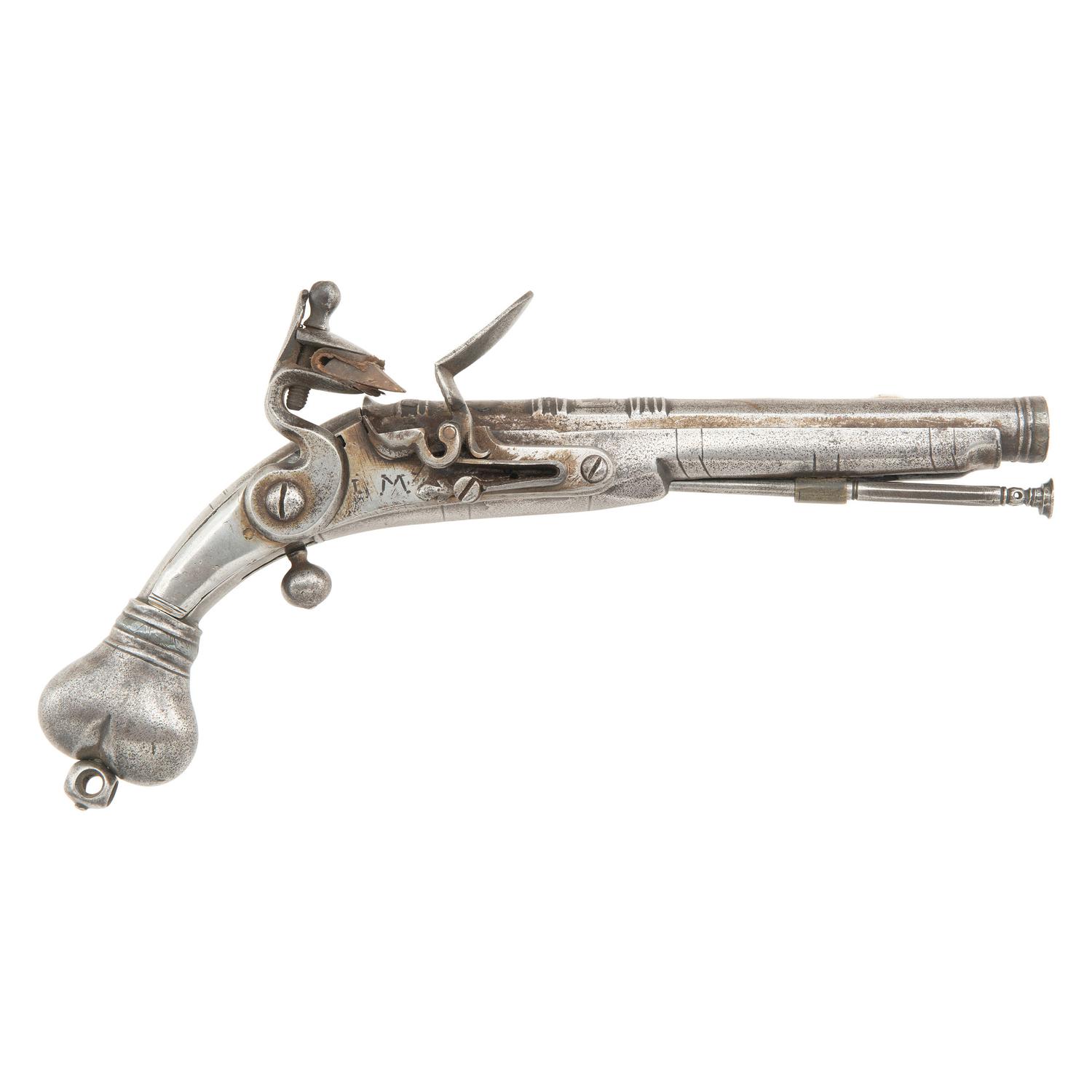 Scottish Steel Heart Butt Flintlock Pistol marked I M