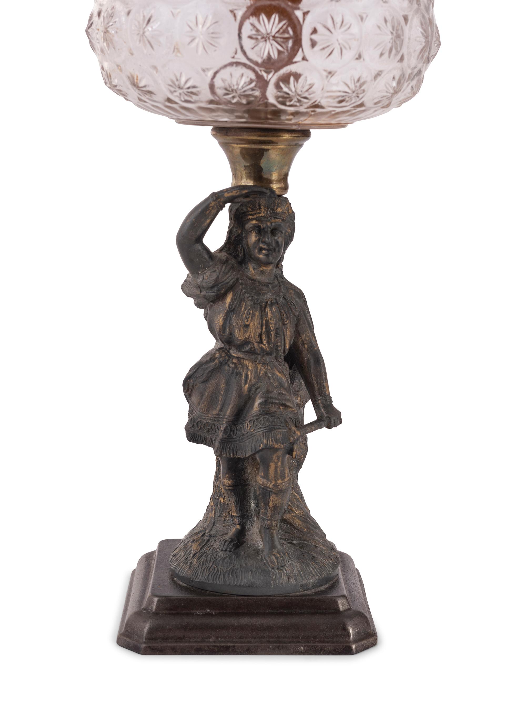 Four Gilt Metal and Glass Figural Oil Lamps