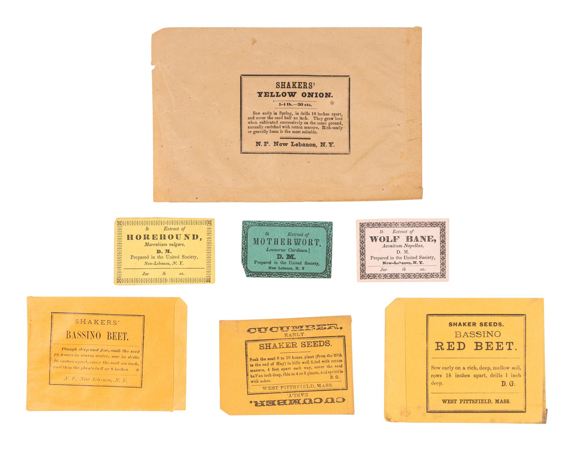 [SHAKERS]. 6 seed packets from the Shakers' Garden, Enfield, New Hampshire, comprising beets, cucumbers (early cluster, common, and early), lettuce, and turnip.