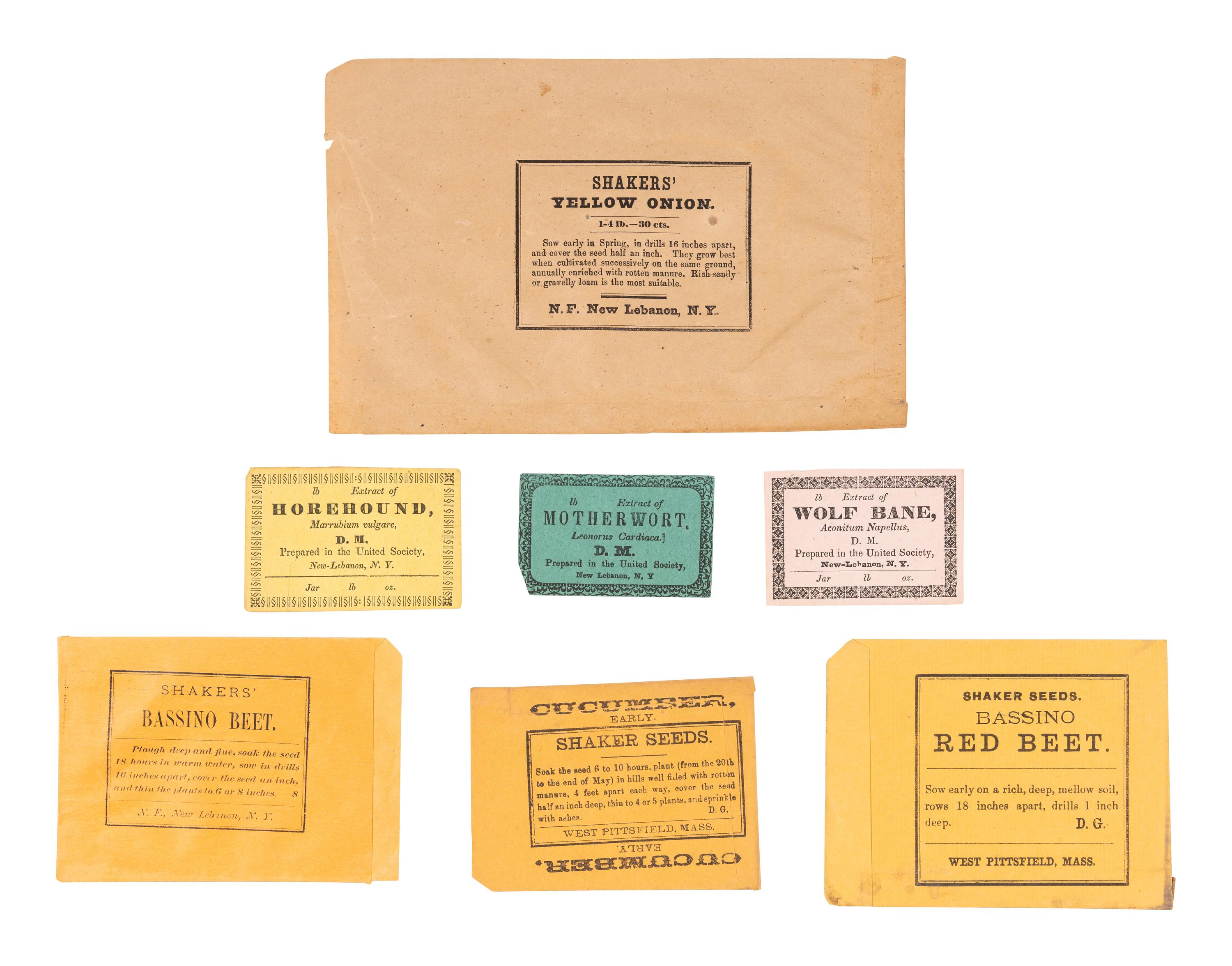 [SHAKERS]. 6 seed packets from the Shakers' Garden, Enfield, New Hampshire, comprising beets, cucumbers (early cluster, common, and early), lettuce, and turnip.