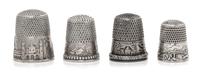 Four American Silver 'Scenic' Thimbles, Various Makers, each having a knurled top and body above a band worked to show village scenes,