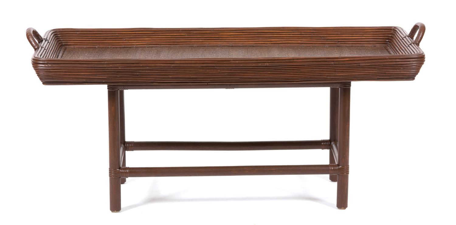 A Brown Rattan Tray Top Coffee Table Height 24 x width 53 x depth 23 1/2 inches. — 20TH CENTURY