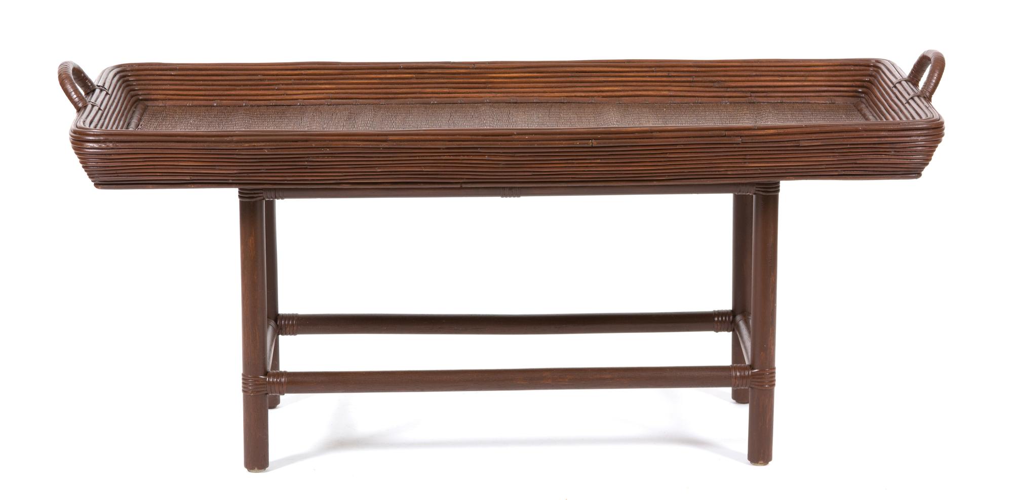 A Brown Rattan Tray Top Coffee Table Height 24 x width 53 x depth 23 1/2 inches. — 20TH CENTURY