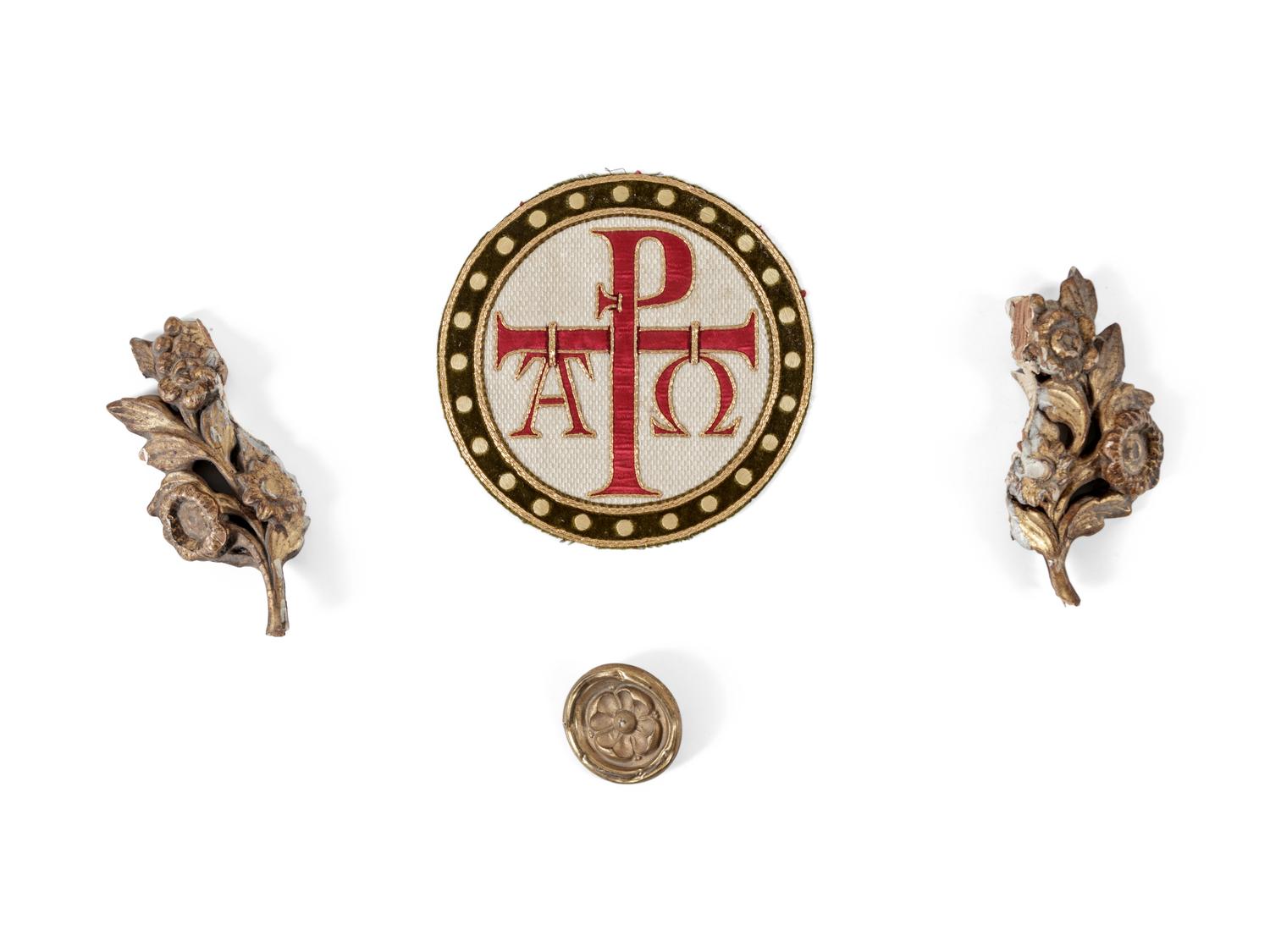 An Italian Painted and Parcel Gilt Reliquary and a Giltwood Mask Ornament