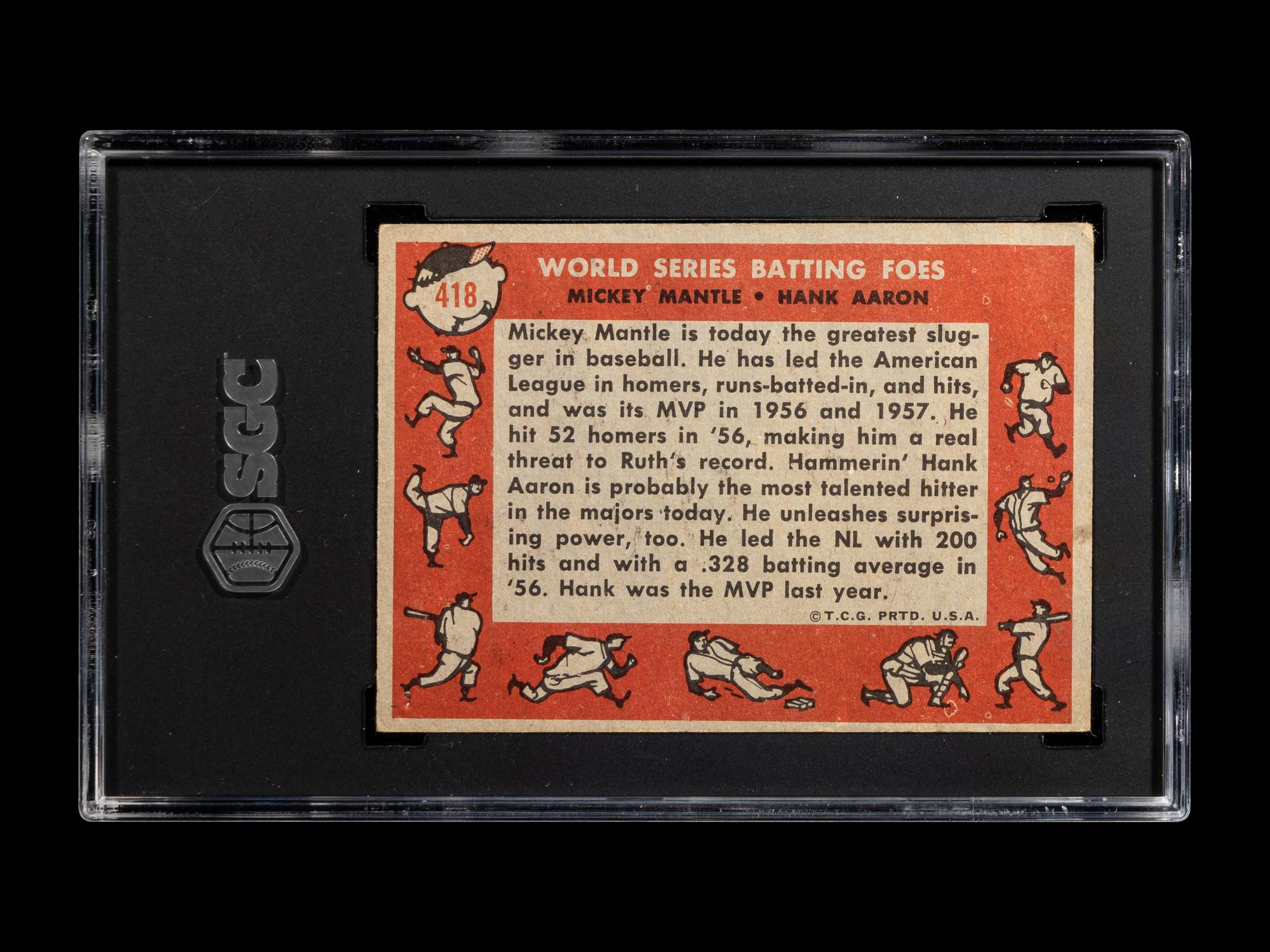 A 1958 Topps Mickey Mantle / Hank Aaron World Series Batting Foes Baseball Card No. 418 (SGC 3 VG)