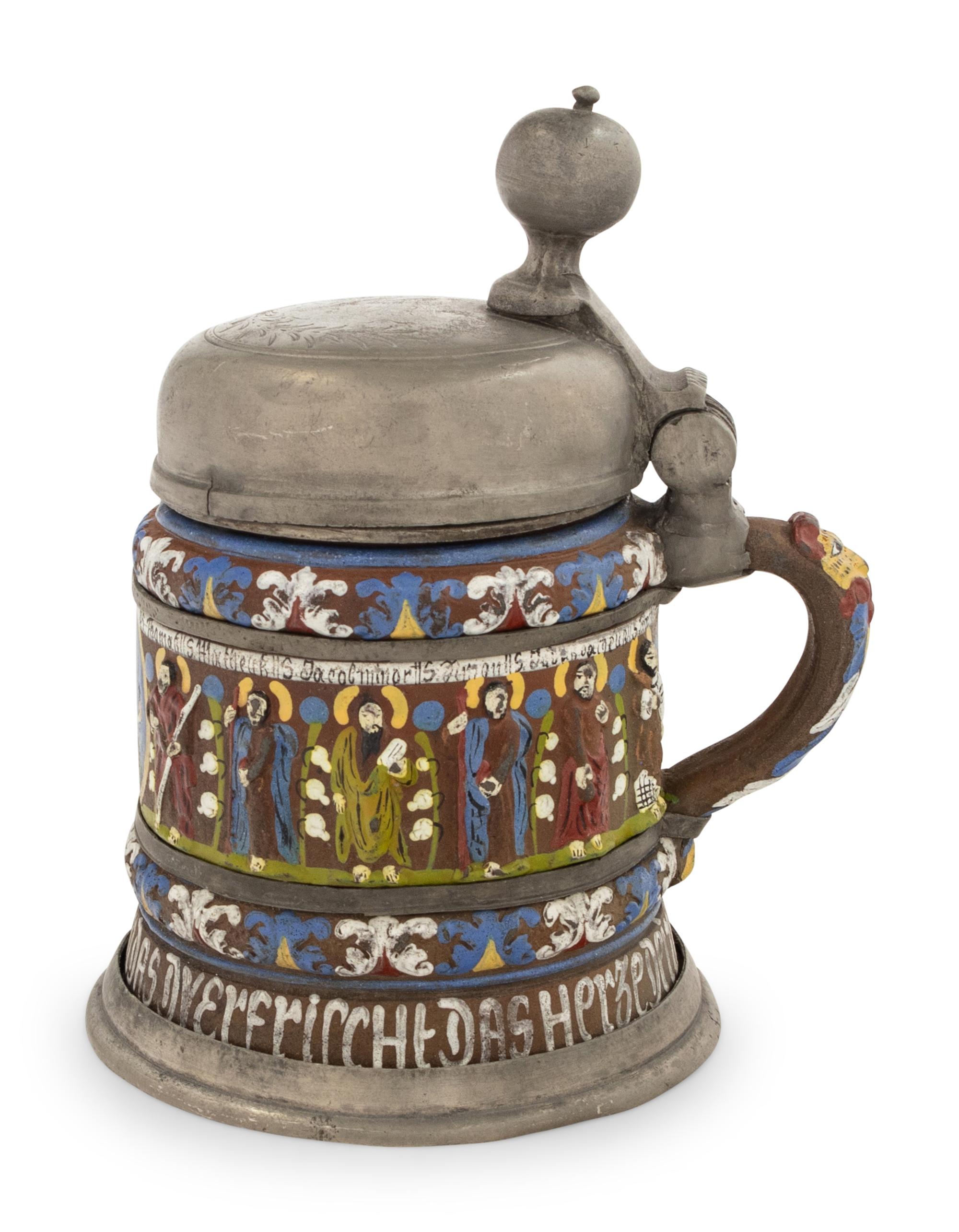 A German Kreussen "Apostle" Hand-Painted Pewter and Stoneware Stein