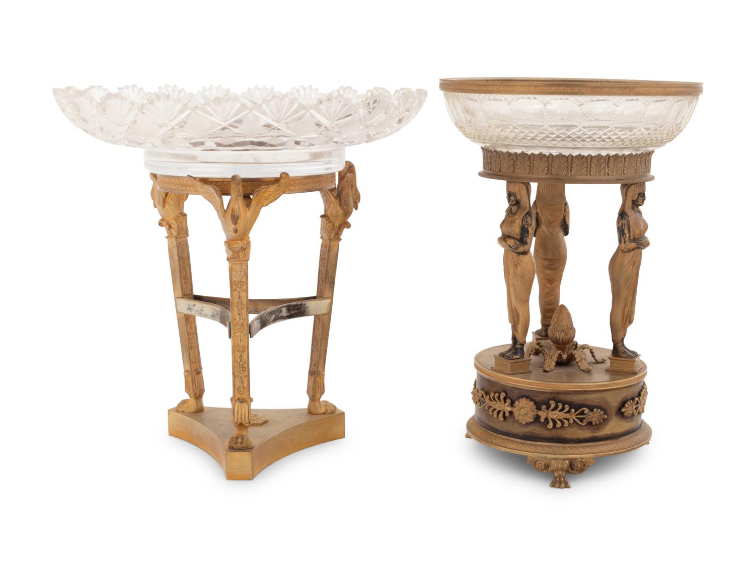 Two Empire Style Gilt Bronze and Cut Glass Centerpieces