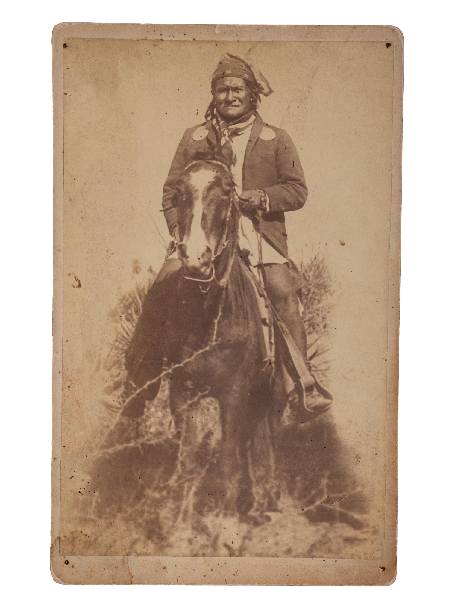 [NATIVE AMERICANS]. FLY, C.S. (1849-1901), photographer. Geronimo, the Apache Chief, as taken before the surrender to Gen. Crook in the Sierra Madre mountains of Mexico . Tombstone, AZ, 1888.