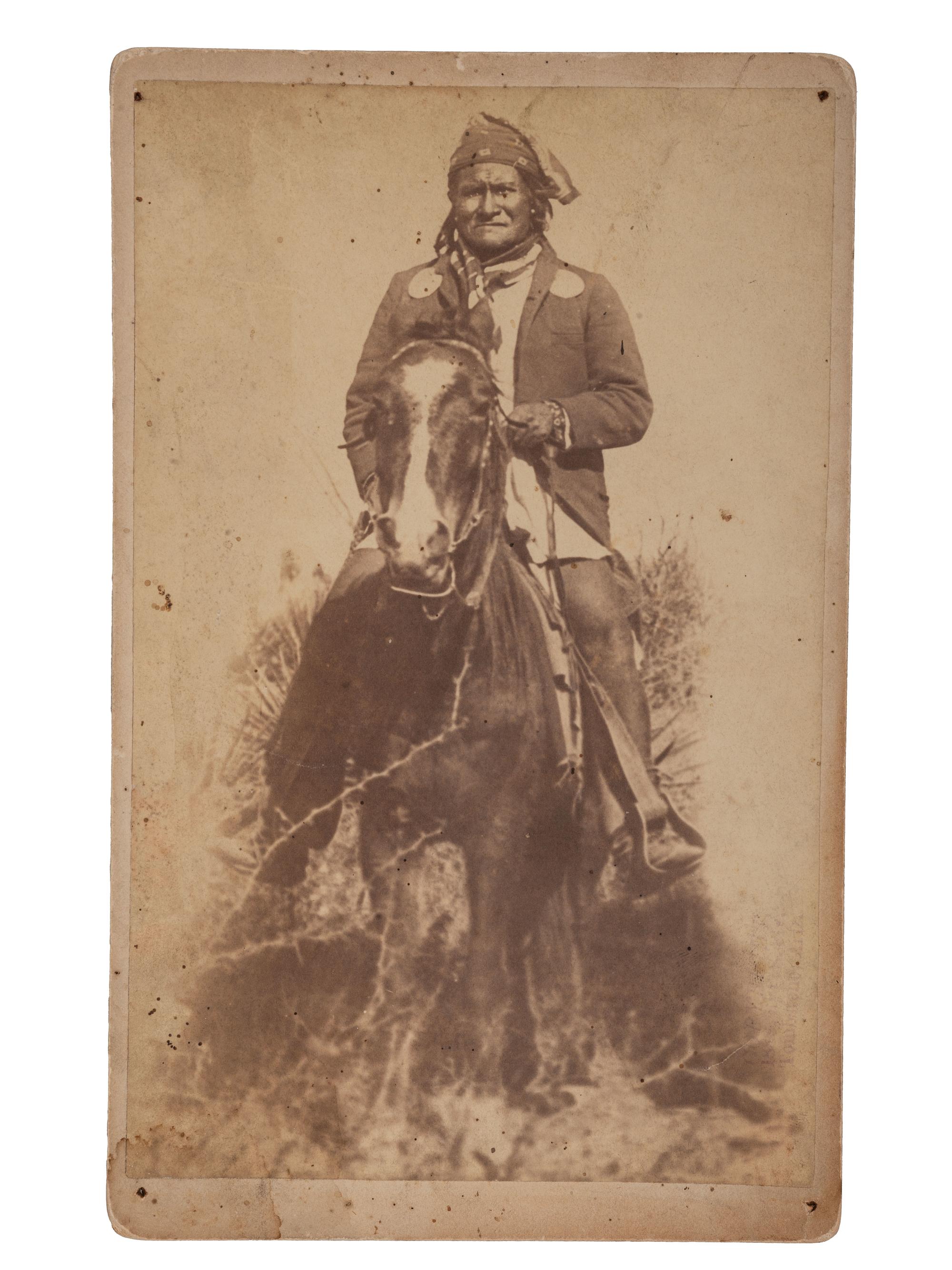 [NATIVE AMERICANS]. FLY, C.S. (1849-1901), photographer. Geronimo, the Apache Chief, as taken before the surrender to Gen. Crook in the Sierra Madre mountains of Mexico . Tombstone, AZ, 1888.