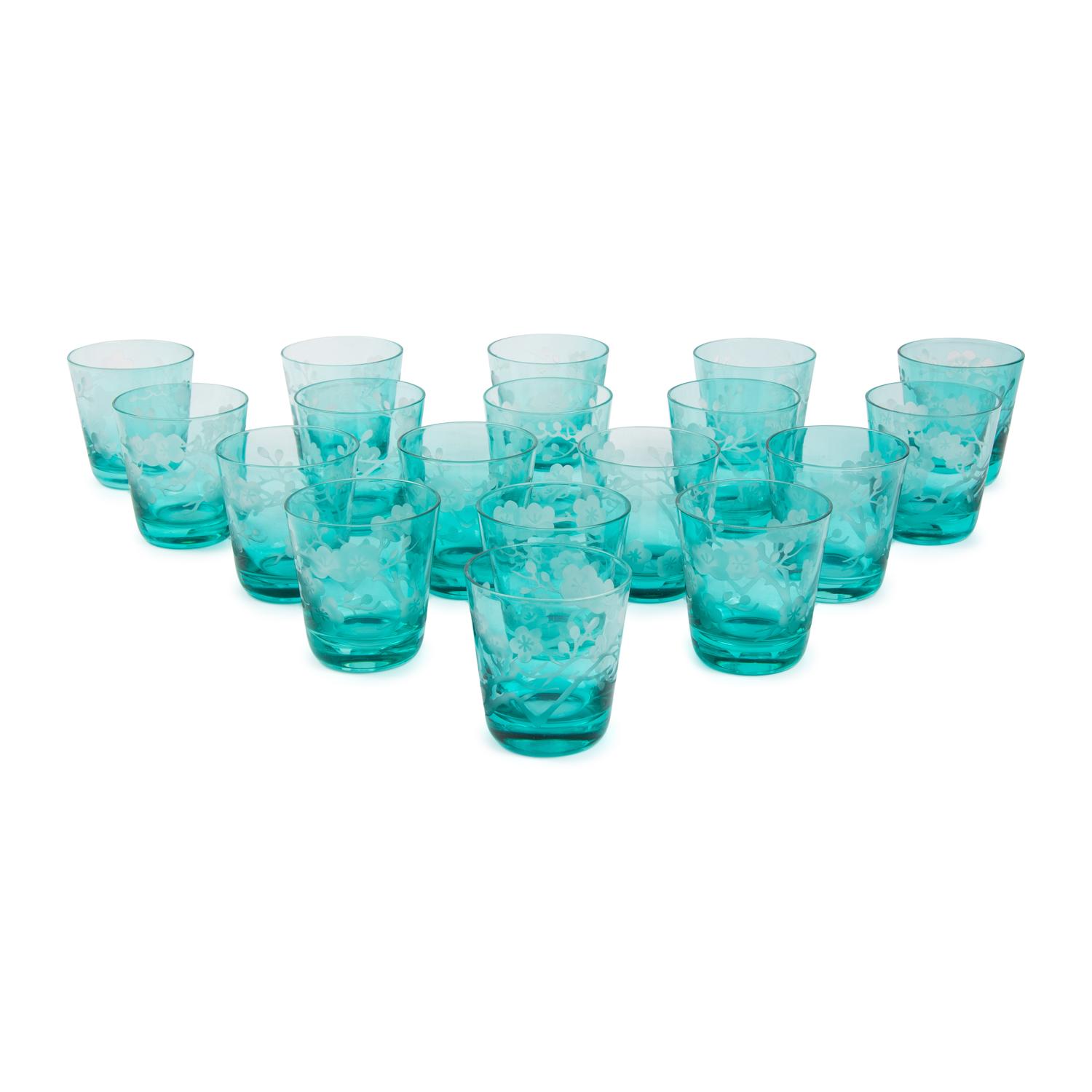 A Set of Eighteen Turquoise Etched Glass Blossom Tumblers
