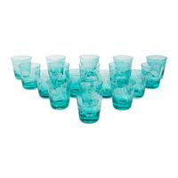 A Set of Eighteen Turquoise Etched Glass Blossom Tumblers