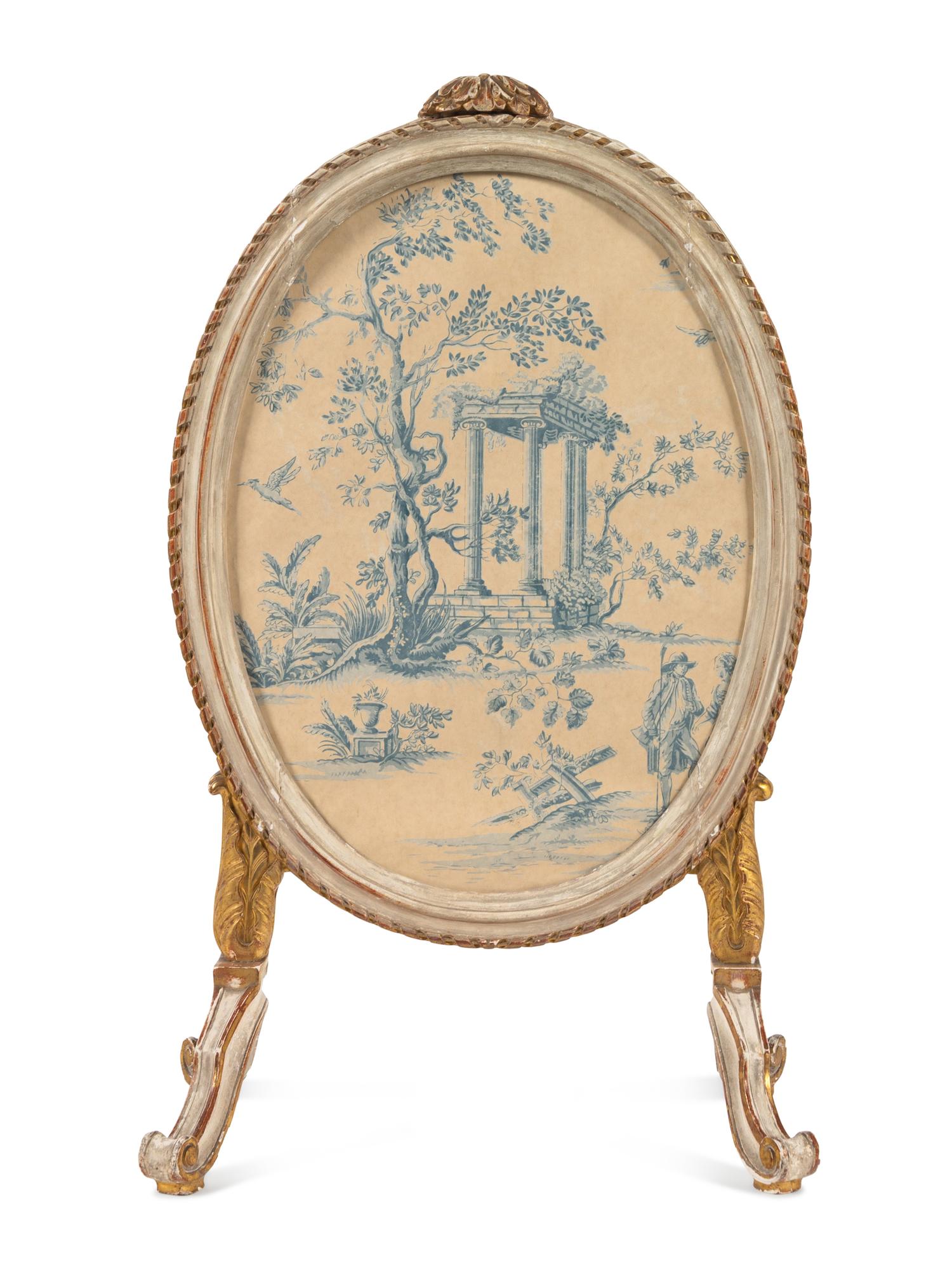 A Northern European White-Painted and Parcel-Gilt Oval Firescreen