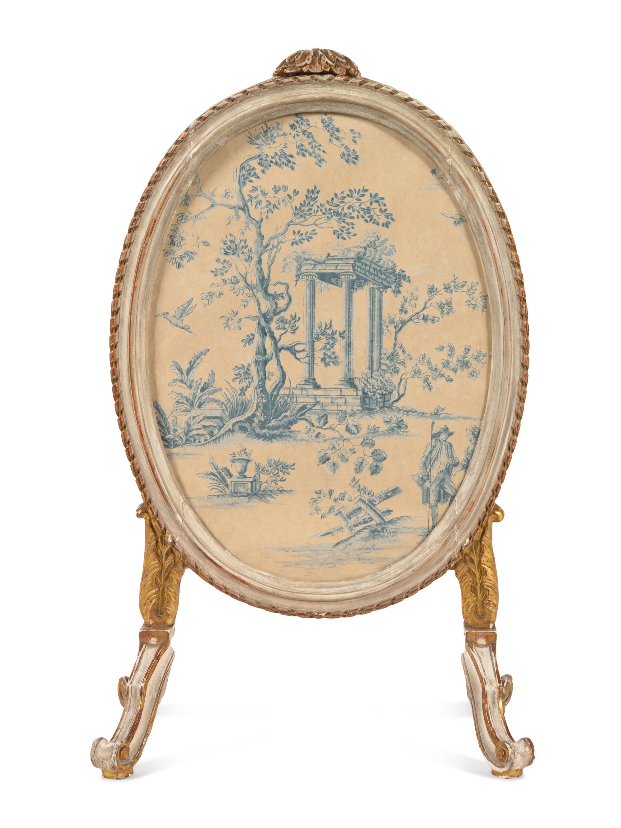 A Northern European White-Painted and Parcel-Gilt Oval Firescreen