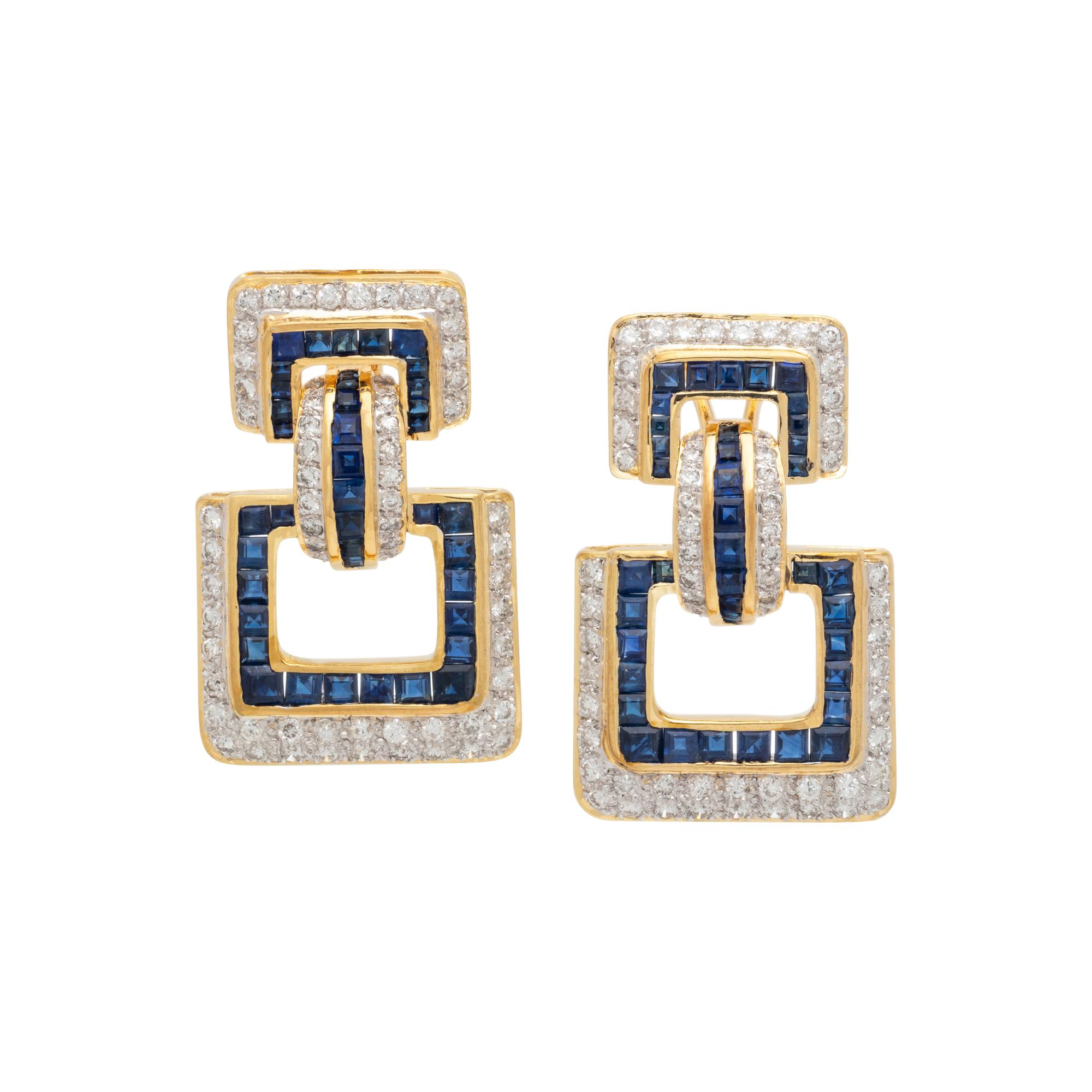 YELLOW GOLD, SAPPHIRE, AND DIAMOND DOOR KNOCKER EARRINGS