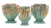 Three Roseville Moss Pottery Vases Height of tallest 8 1/2 inches.