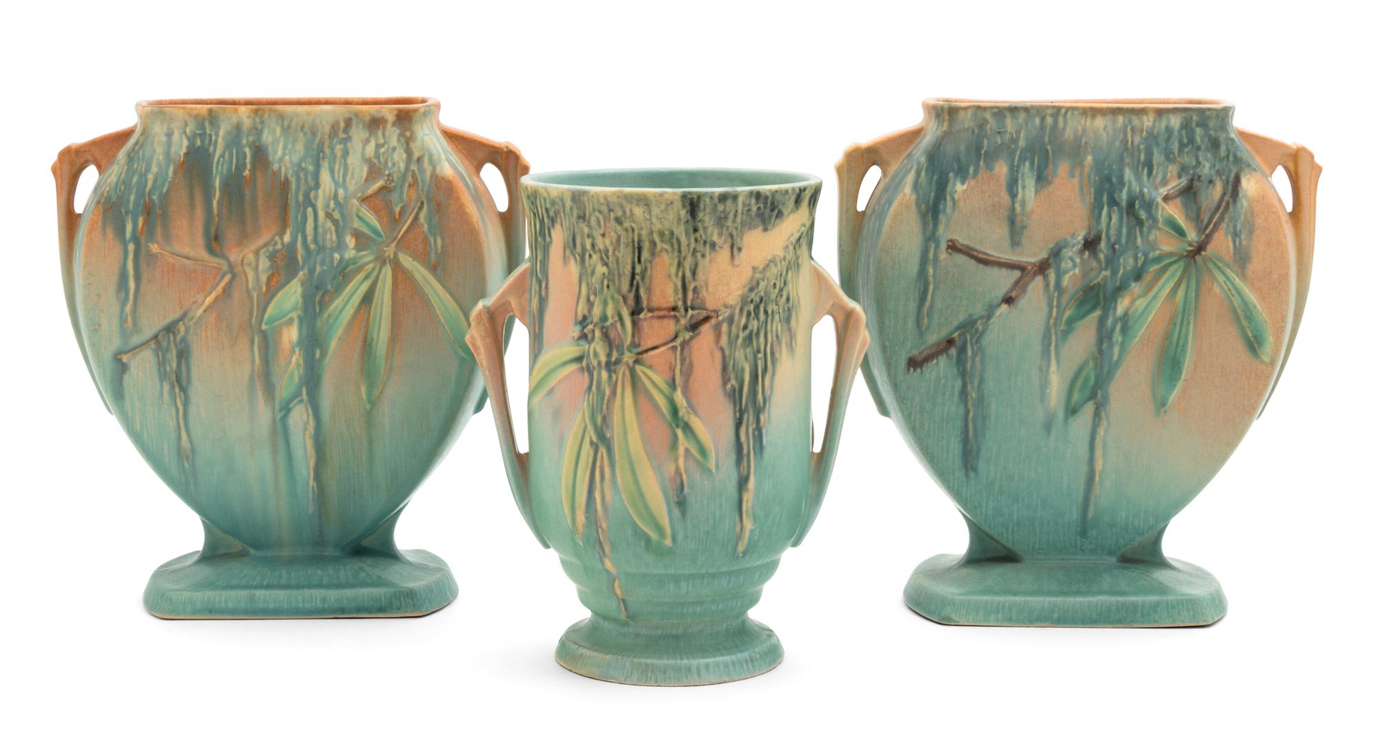 Three Roseville Moss Pottery Vases Height of tallest 8 1/2 inches.